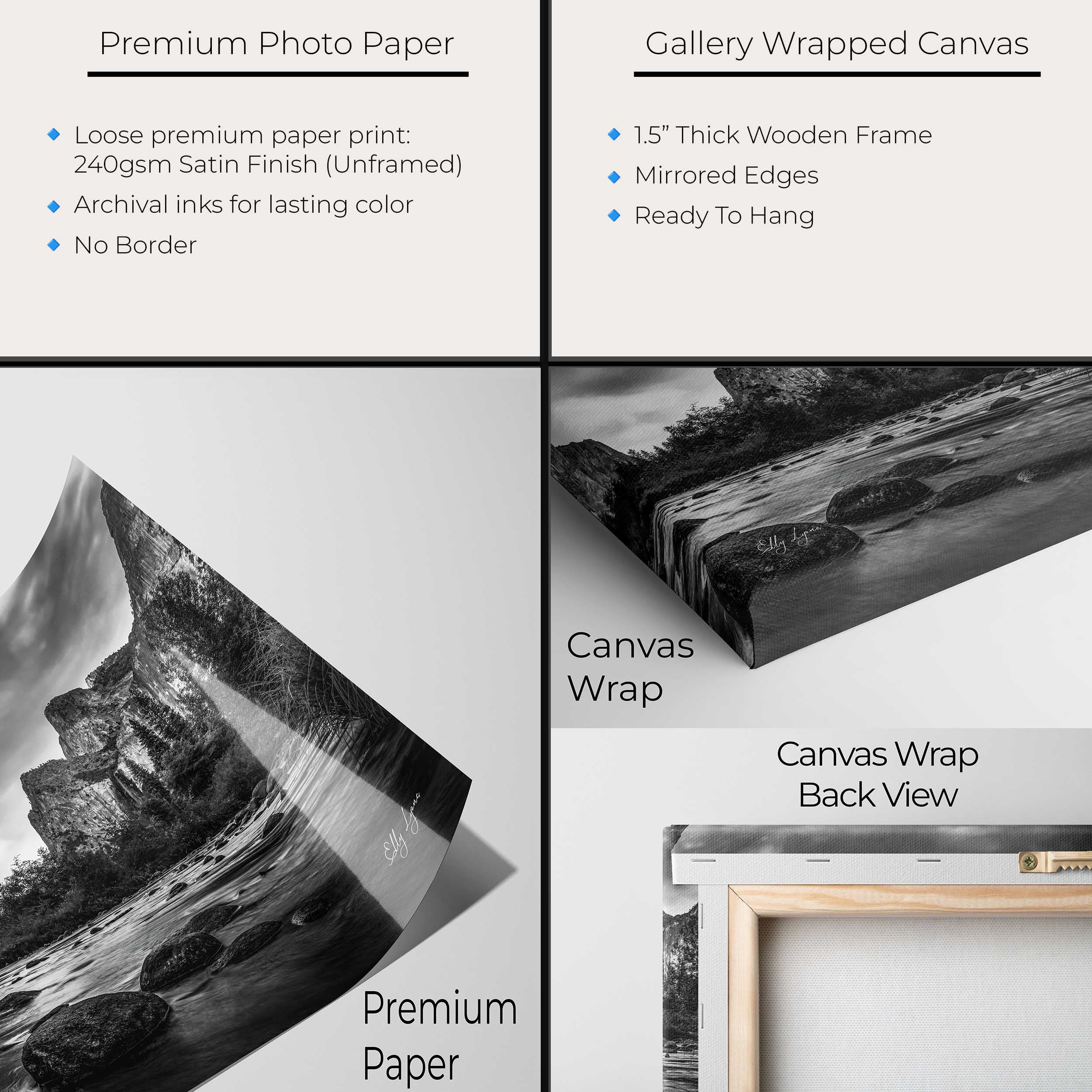 “The Stillness Between Giants” - Yosemite Valley Black and White Wall Decor | El Capitan & Cathedral Rocks River View Fine Art Print