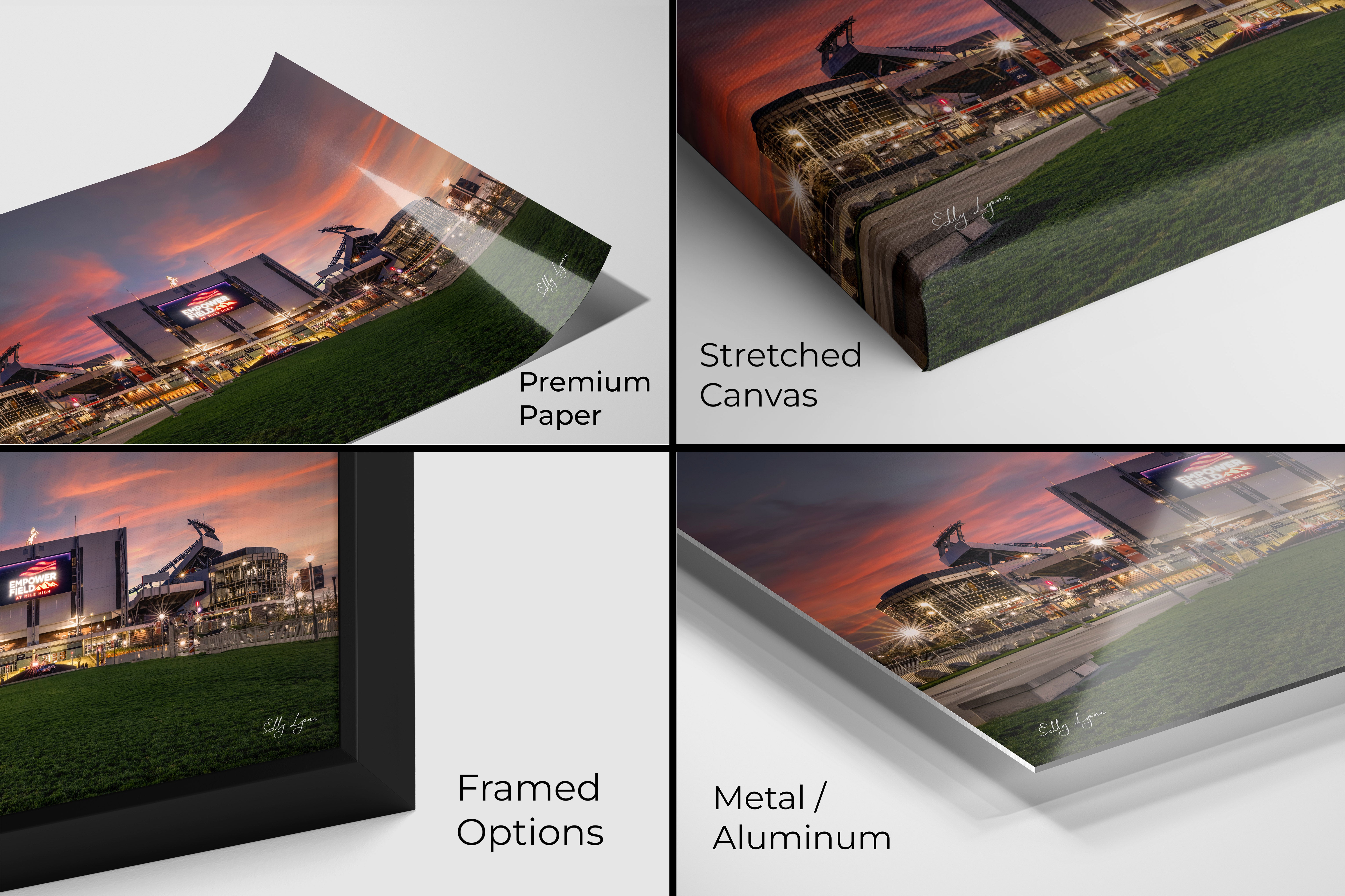 Empower Field at Mile High sunset wall art print displayed on premium paper, canvas, framed, and metal options.
