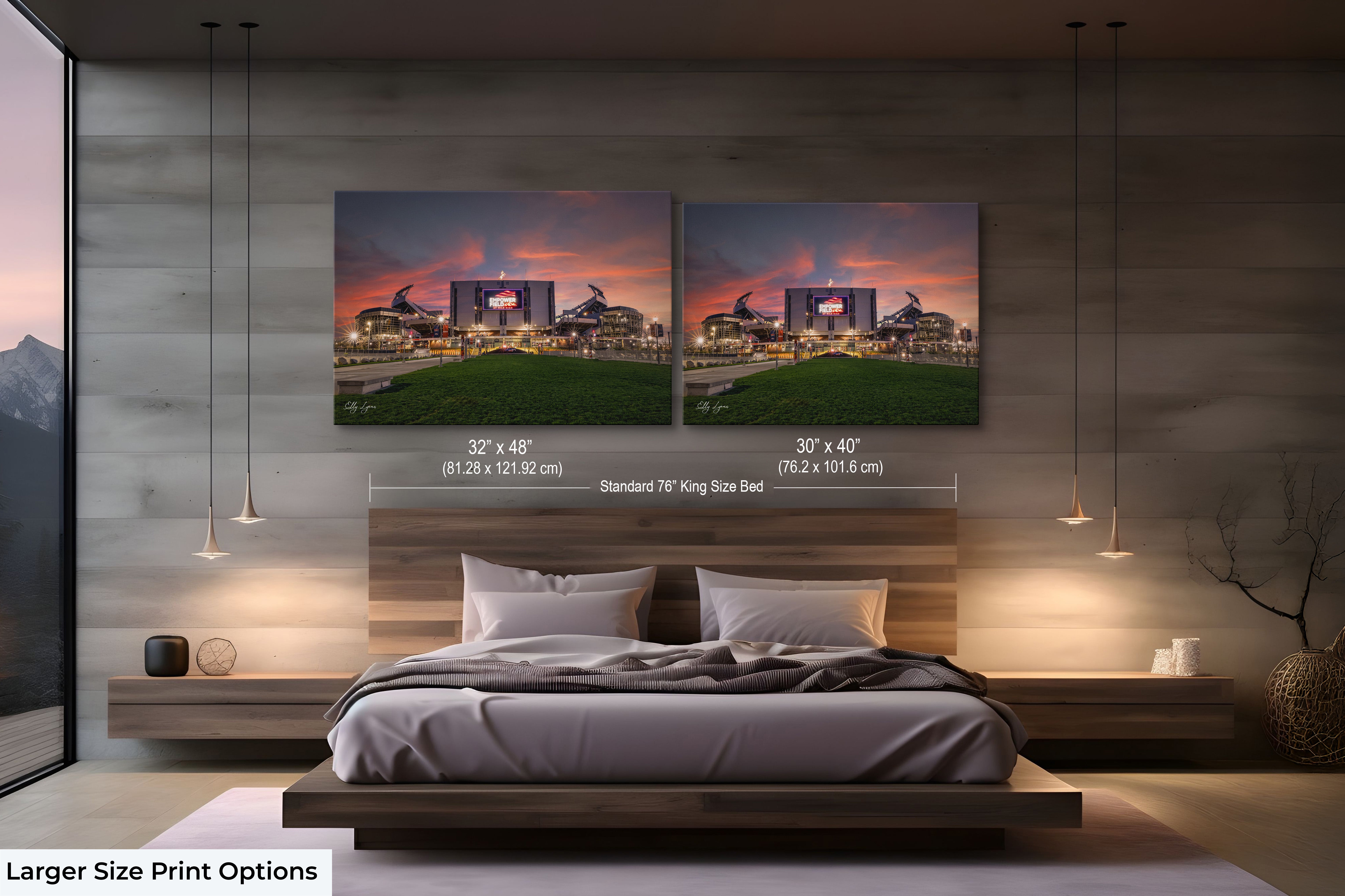 Empower Field at Mile High sunset wall art print print in 2 sizes of 30 by 40 inches and 32 by 48 inches styled over a king size bed in a luxury bedroom setting showcasing size comparison and scale.
