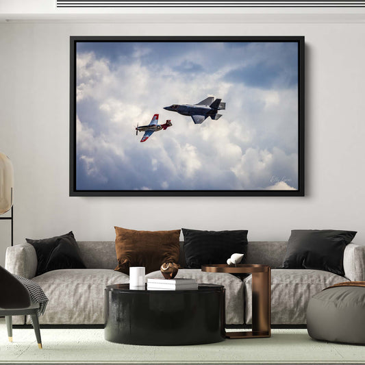 F-35 Lightning II & P-51 Mustang Heritage Flight Fine Art Print – Aviation Legacy Wall Art