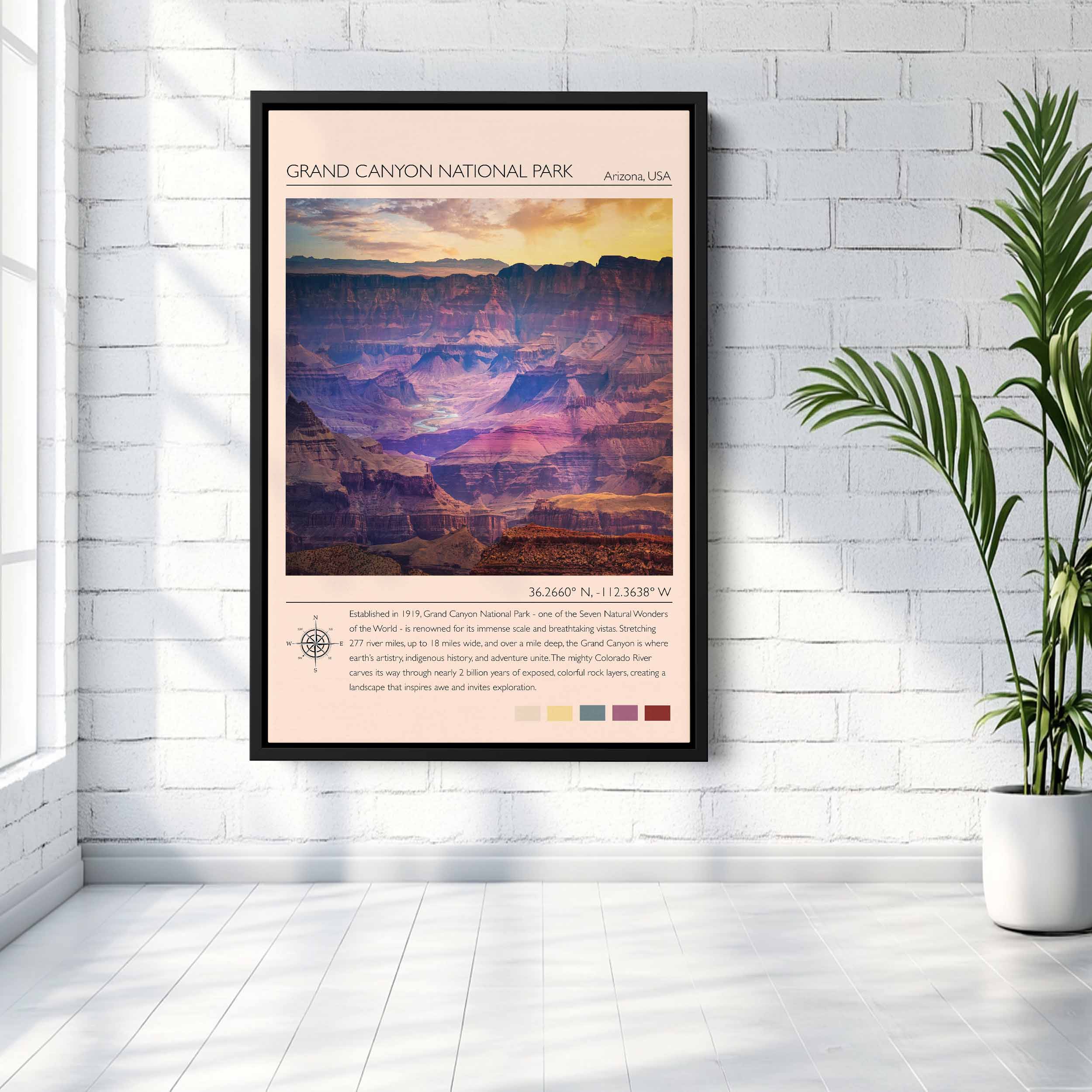Grand Canyon National Park Arizona travel poster sunset Colorado River layered rock formations coordinates vintage wall art