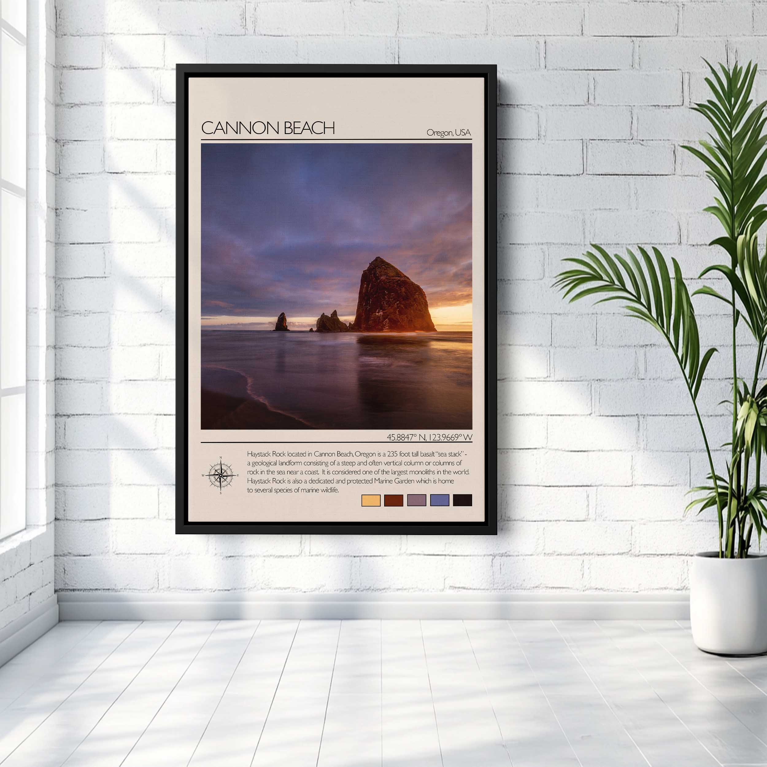 Cannon Beach Oregon travel poster Haystack Rock sunset sea stack 235 feet Pacific Coast coordinates vintage wall art The Needles