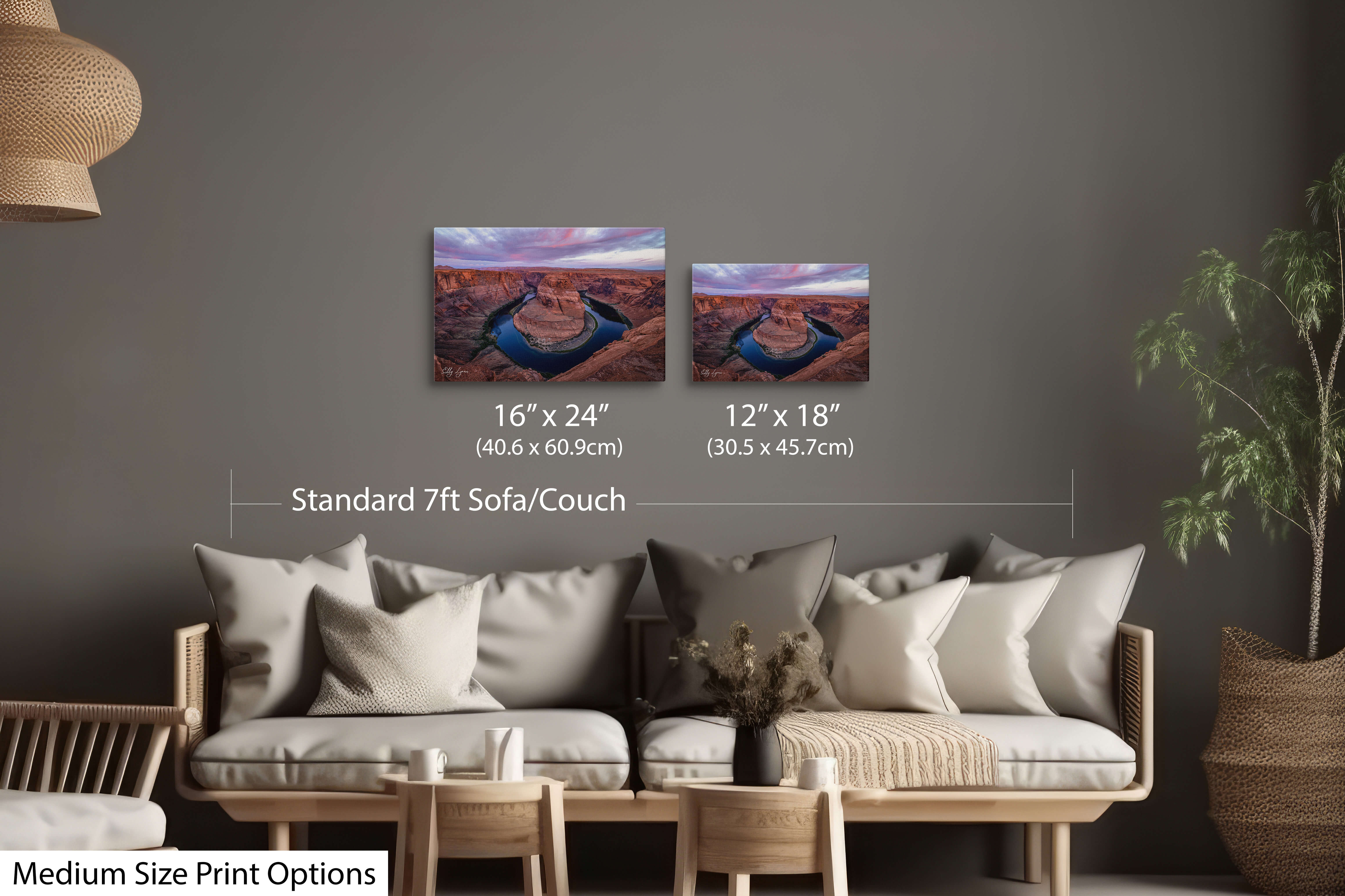 Horseshoe Bend sunrise, Colorado River wall art in living room showing 12x18 and 16x24 print sizes options above modern furniture.