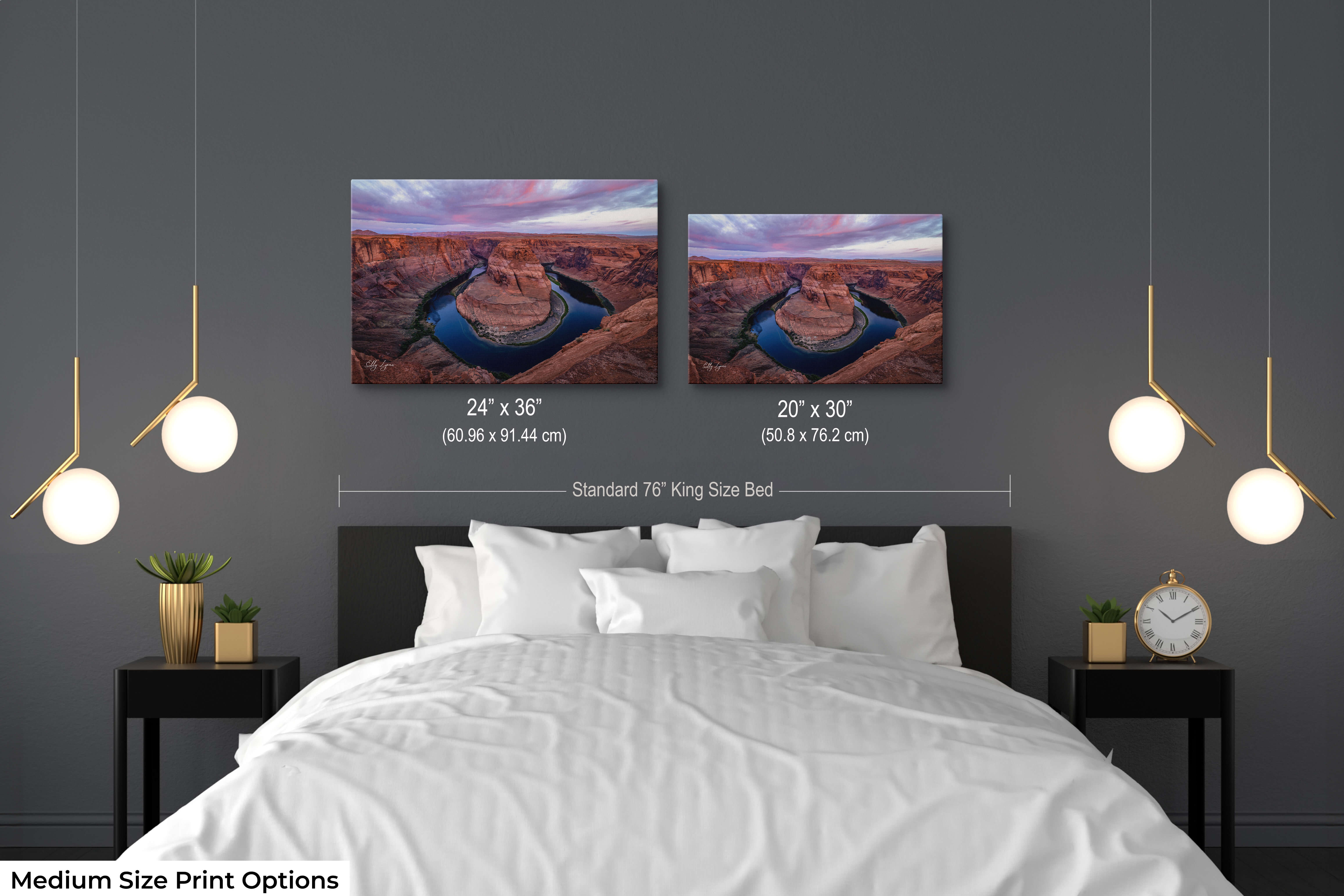 Horseshoe Bend sunrise, Colorado River wall art in a modern bedroom with 20x30 and 24x36 size options for comparison above bed for scale.