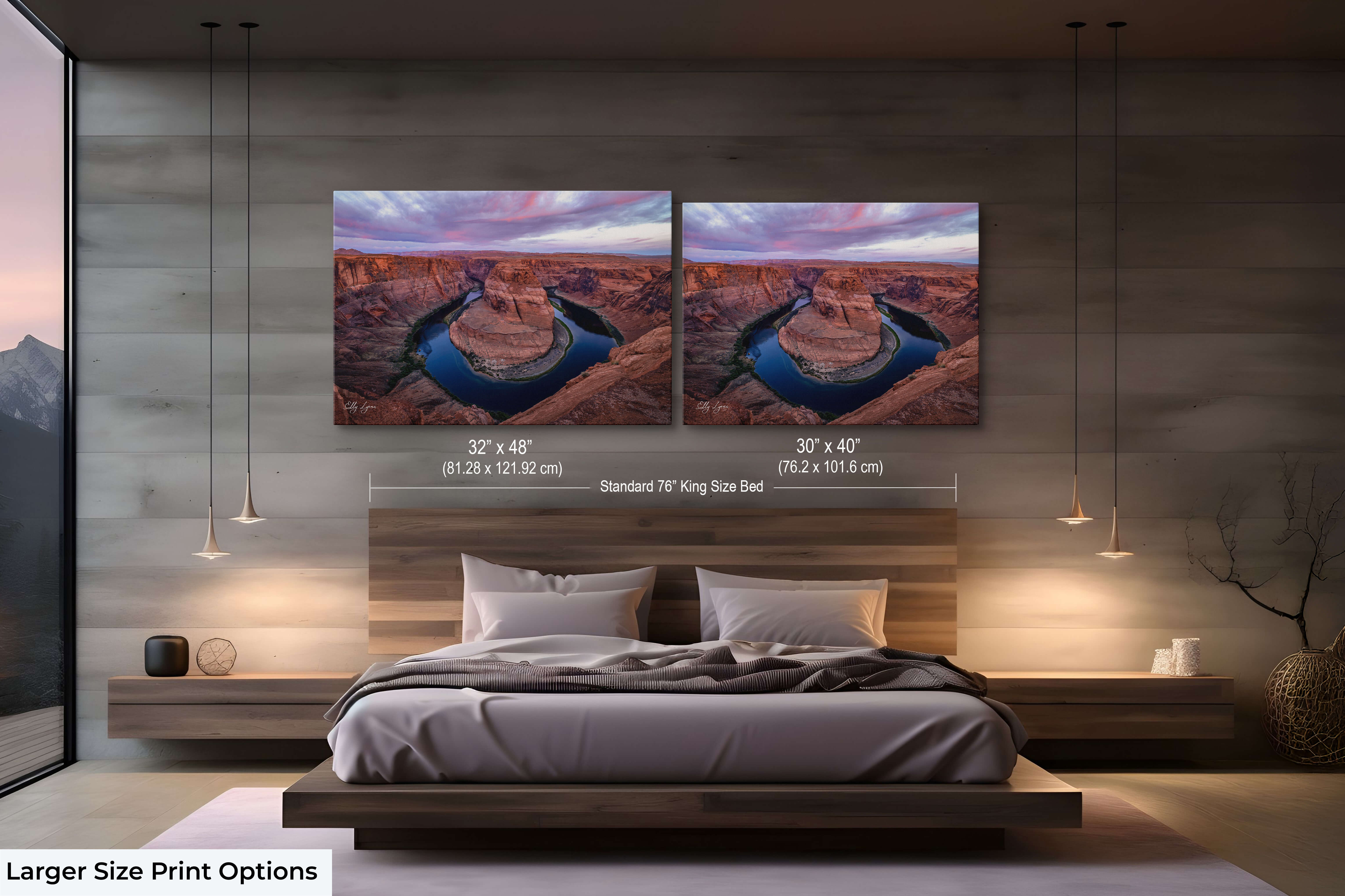 Horseshoe Bend sunrise, Colorado River large-format wall art above bed in luxury bedroom showing 30x40 and 32x48 size options for comparison and scale.
