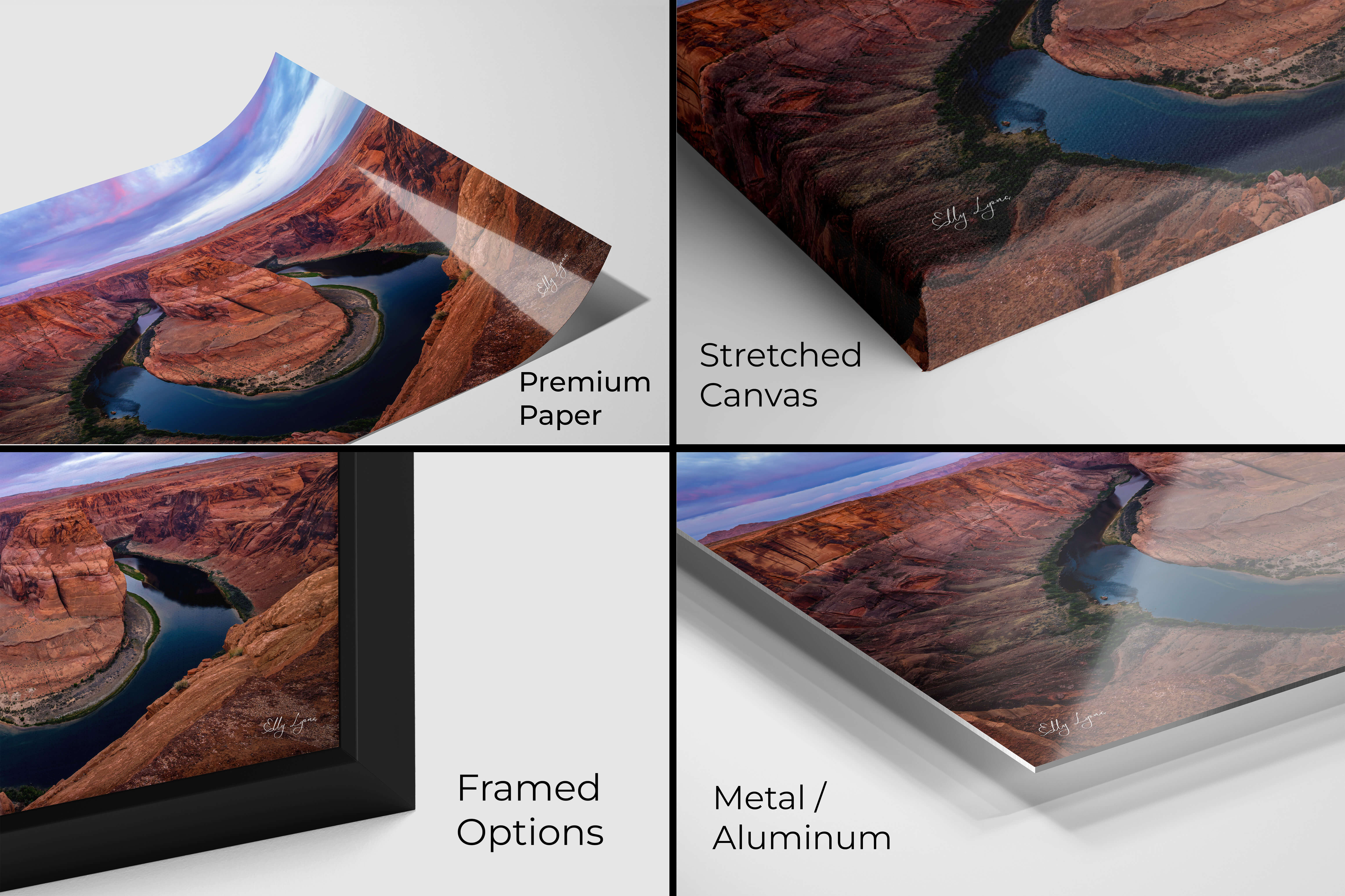 Horseshoe Bend sunrise Colorado River print close-up wall art of material options: photo paper, canvas wrap, framed print, and metal panel finish.