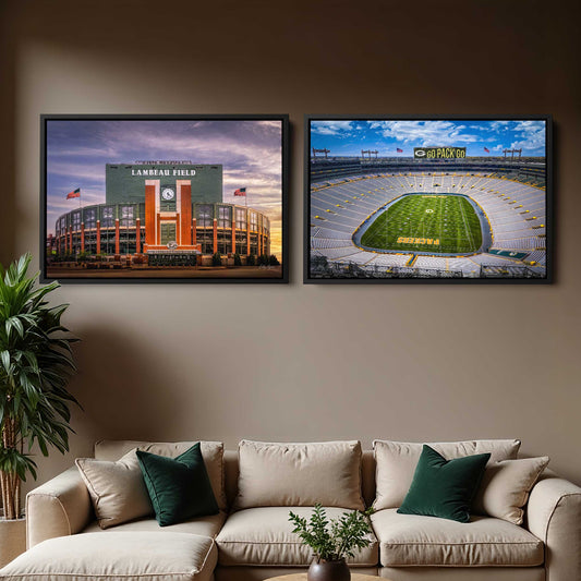 Lambeau Field Green Bay exterior at sunset, iconic stadium entrance, American flags, orange accents, Wisconsin Packers home. Lambeau Field aerial view interior, Go Pack Go scoreboard, green football field, 81441 seats, Wisconsin stadium print.