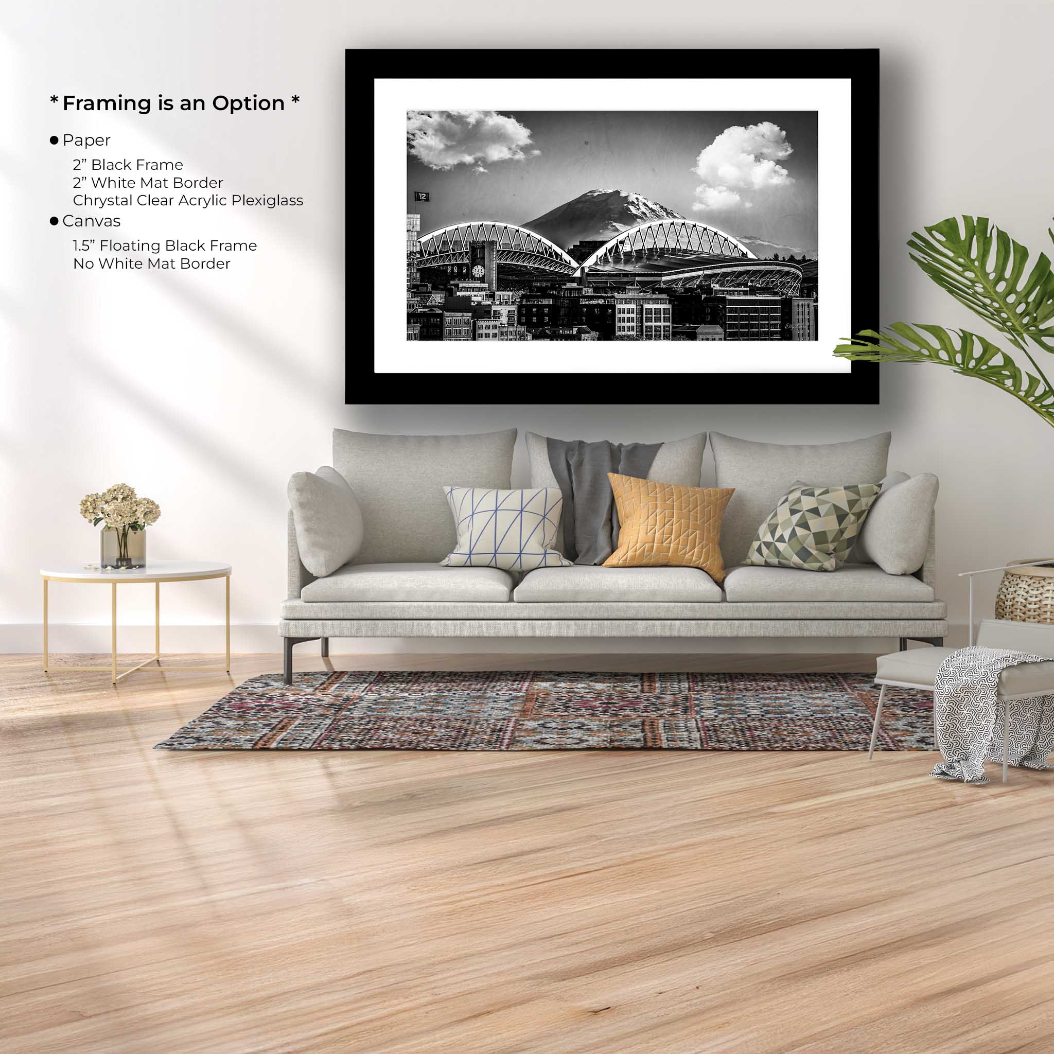“Echoes of the Pacific Northwest" – Lumen Field & Mount Rainier Black & White Fine Art Print