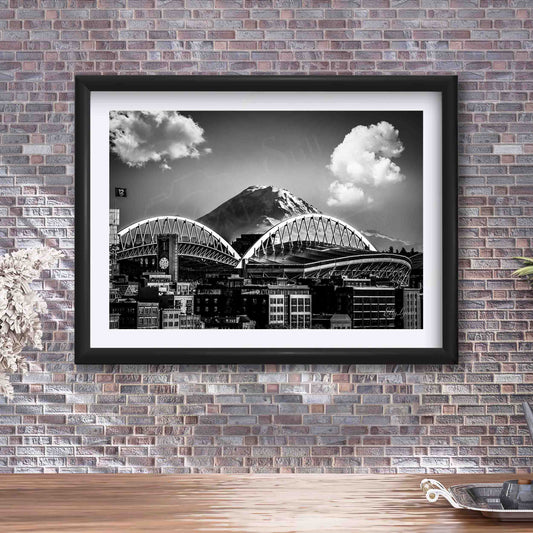 Lumen Field & Mount Rainier Black & White Print - “Echoes of the Pacific Northwest"