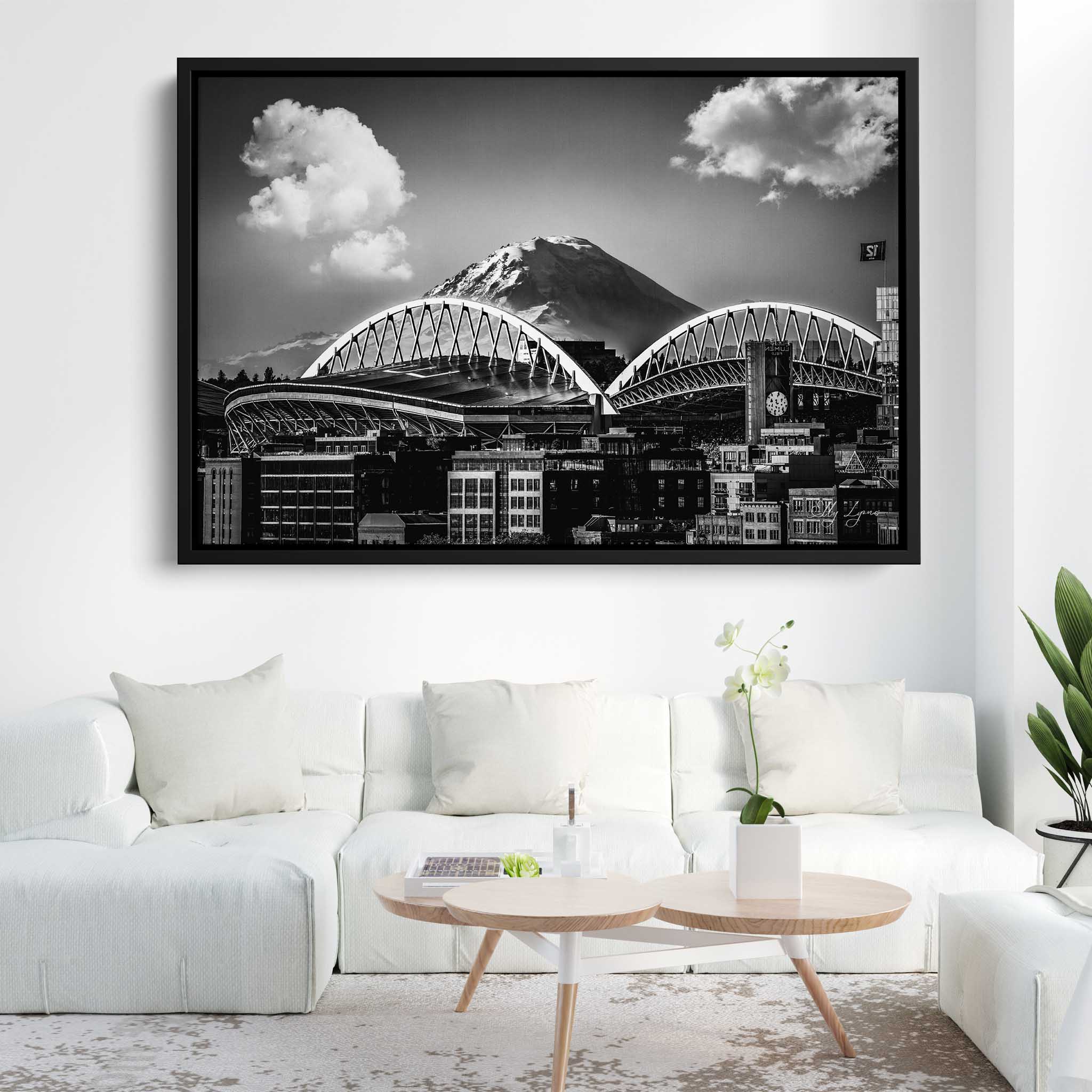 “Echoes of the Pacific Northwest" – Lumen Field & Mount Rainier Black & White Fine Art Print