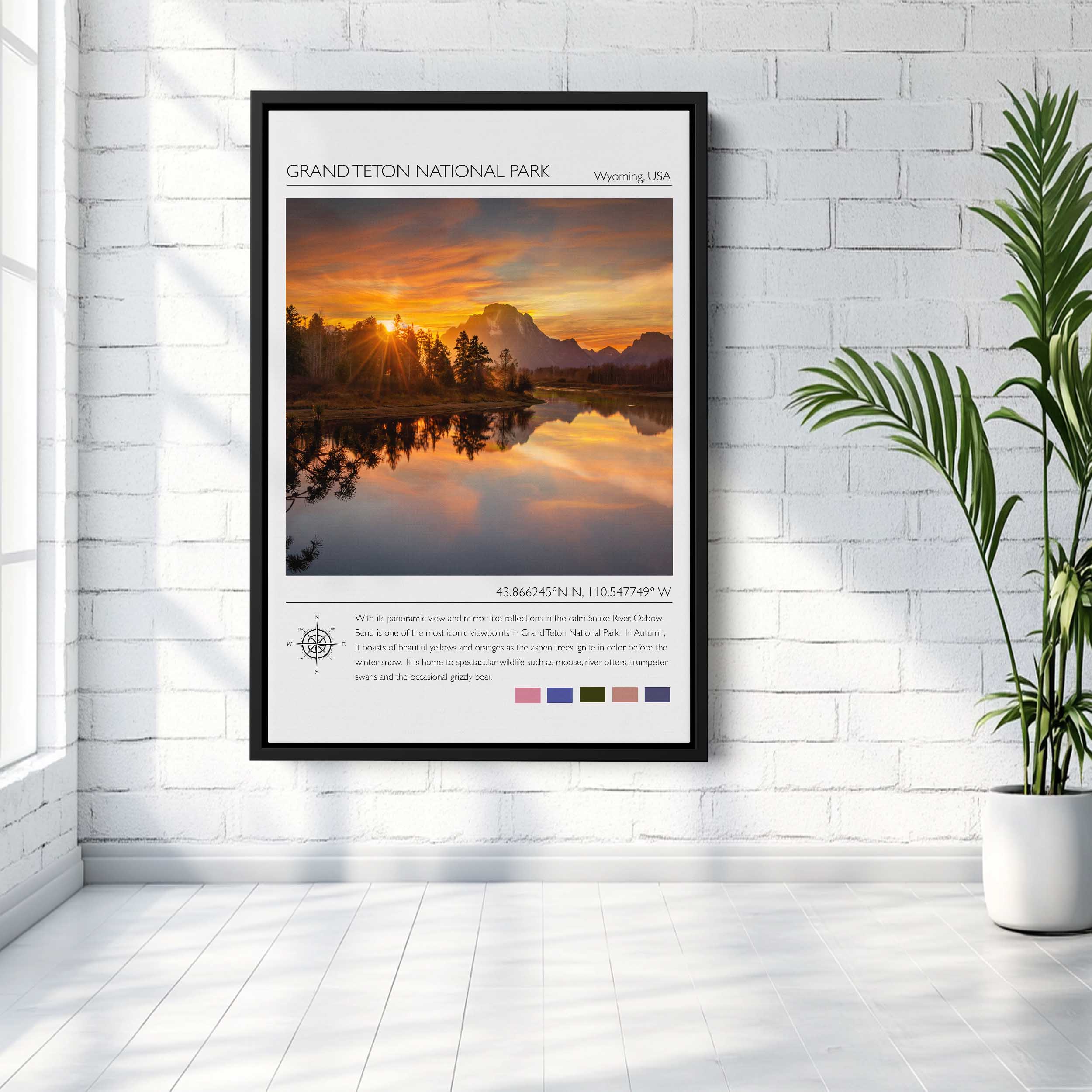 Grand Teton National Park Wyoming travel poster Oxbow Bend Mount Moran Snake River sunset reflection coordinates wall art