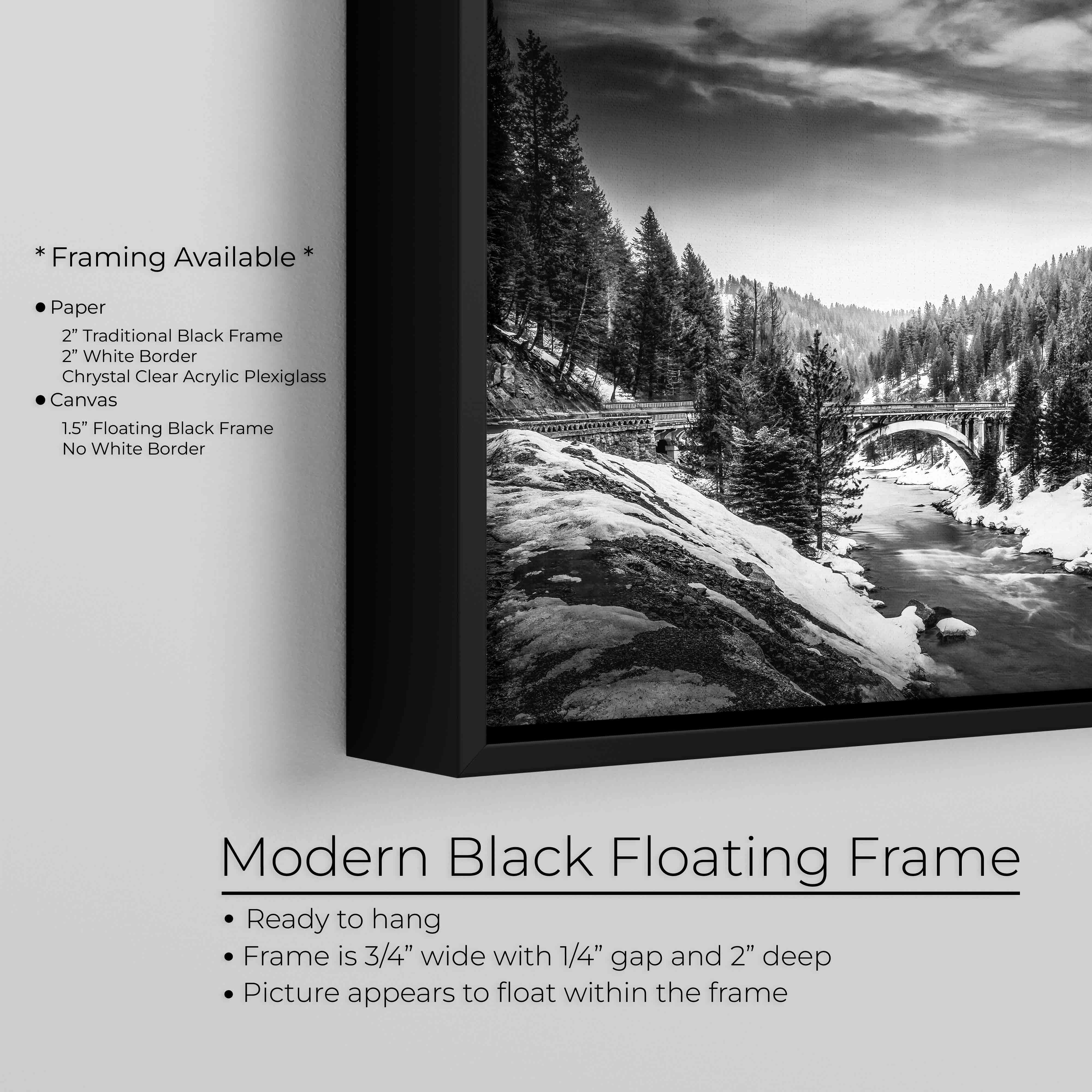 Rainbow Bridge Idaho Black & White Art Print – McCall Winter River Landscape