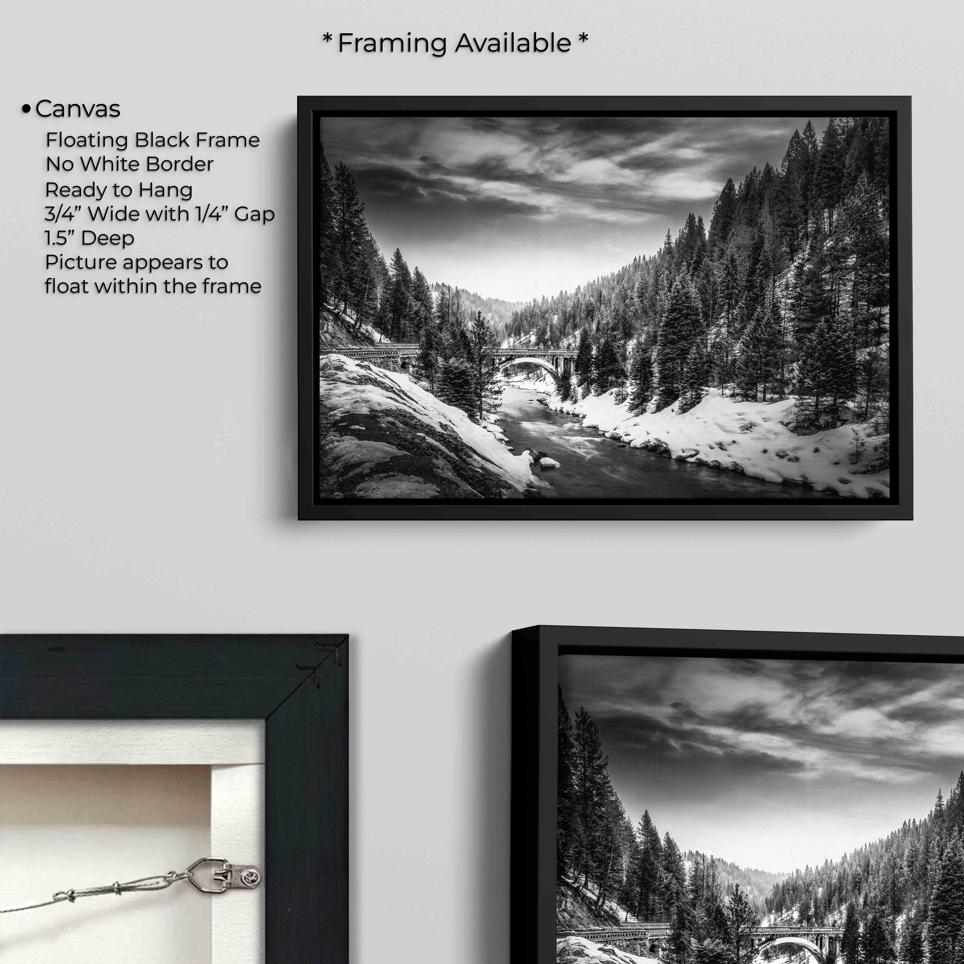 Rainbow Bridge Black & White Print, McCall Idaho Winter River Landscape