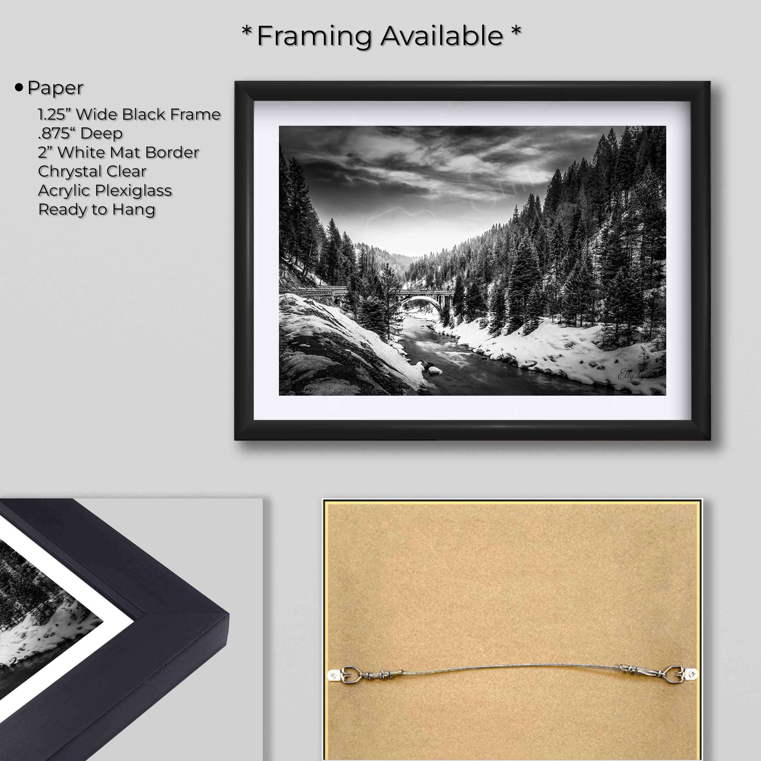 Rainbow Bridge Black & White Print, McCall Idaho Winter River Landscape