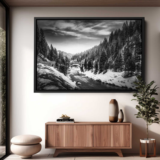 Rainbow Bridge Idaho Black & White Art Print – McCall Winter River Landscape