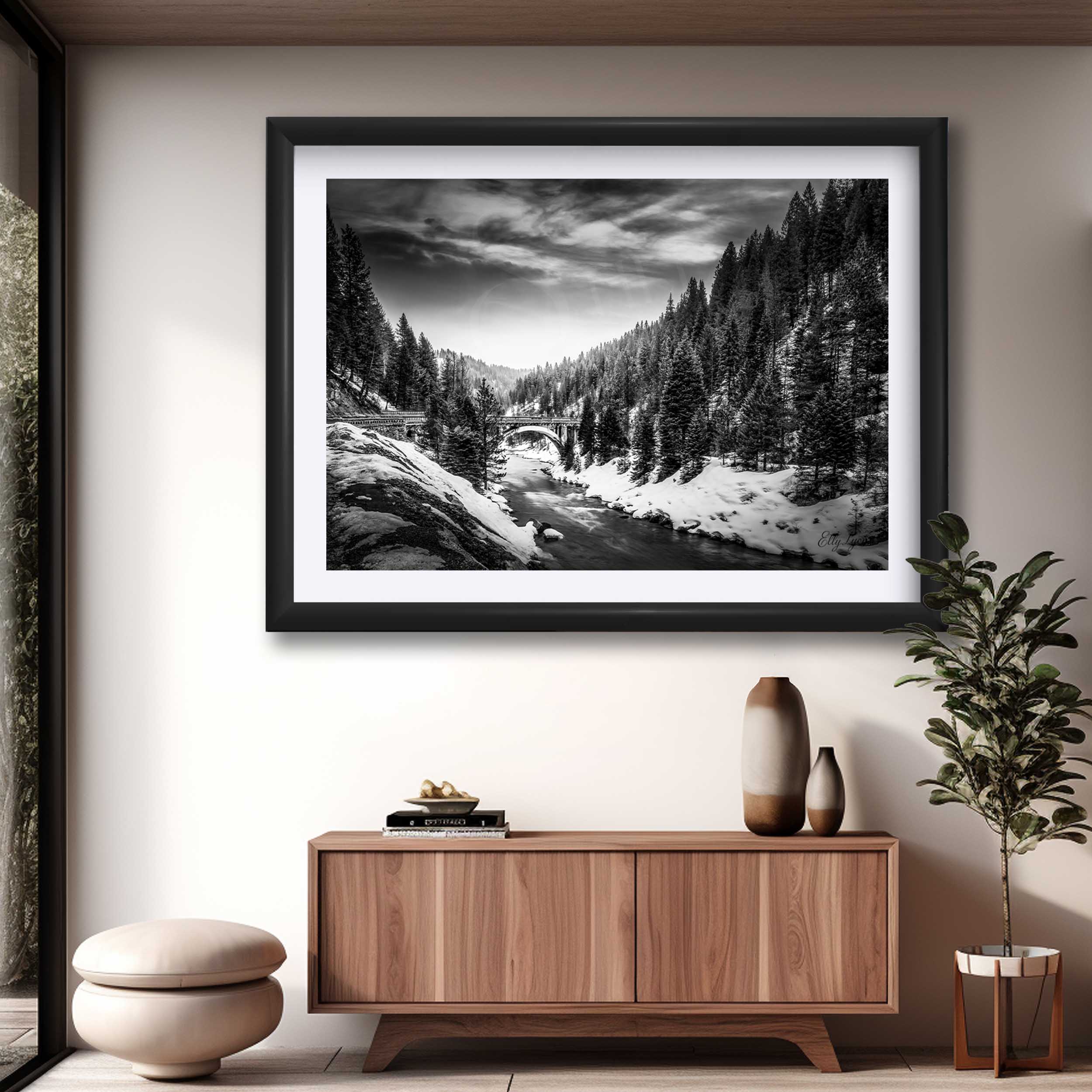 Rainbow Bridge Black & White Print, McCall Idaho Winter River Landscape