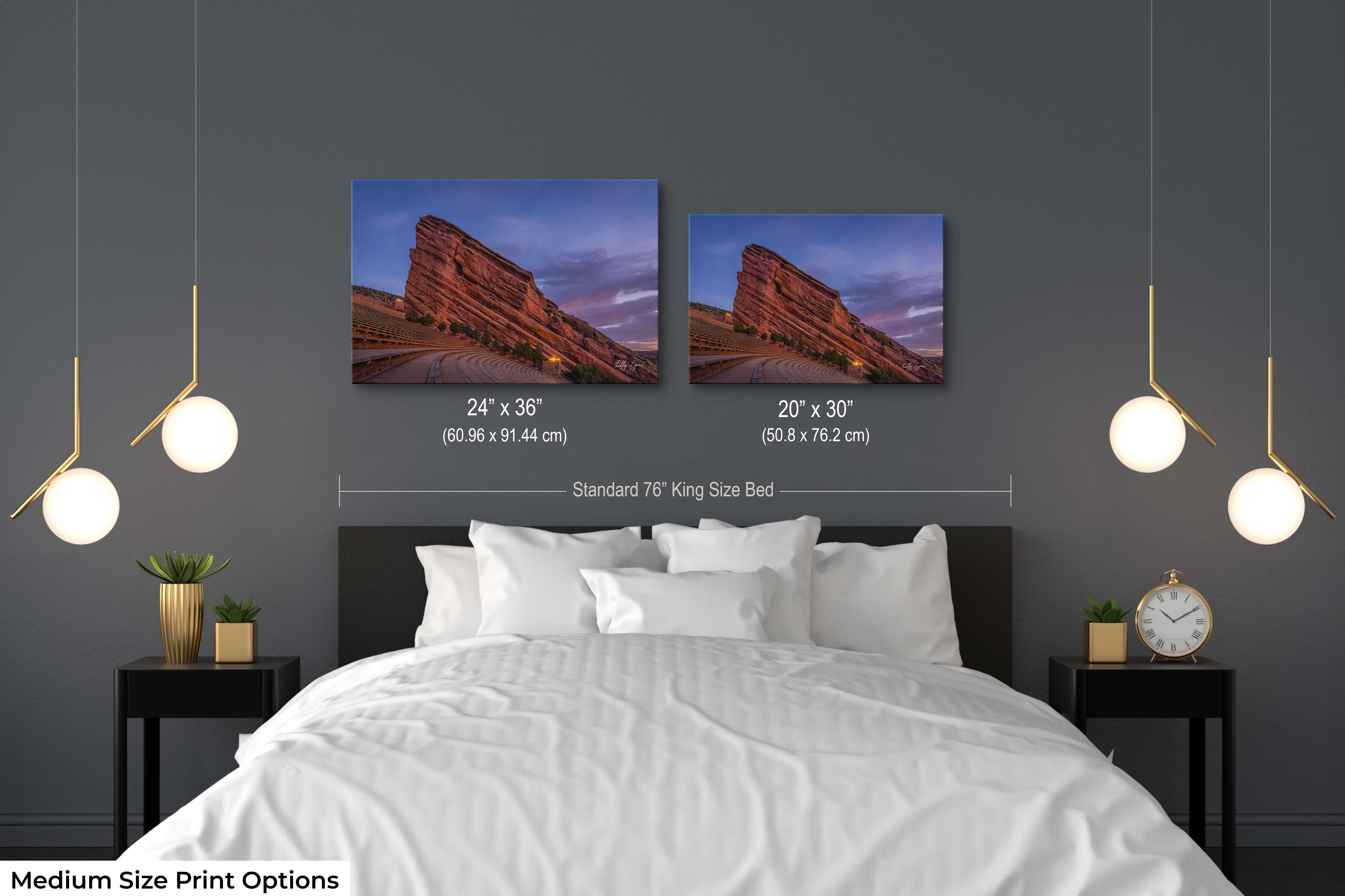 Red Rocks Amphitheater sunrise fine art print in a modern bedroom with 20x30 and 24x36 size options for comparison above bed for scale.