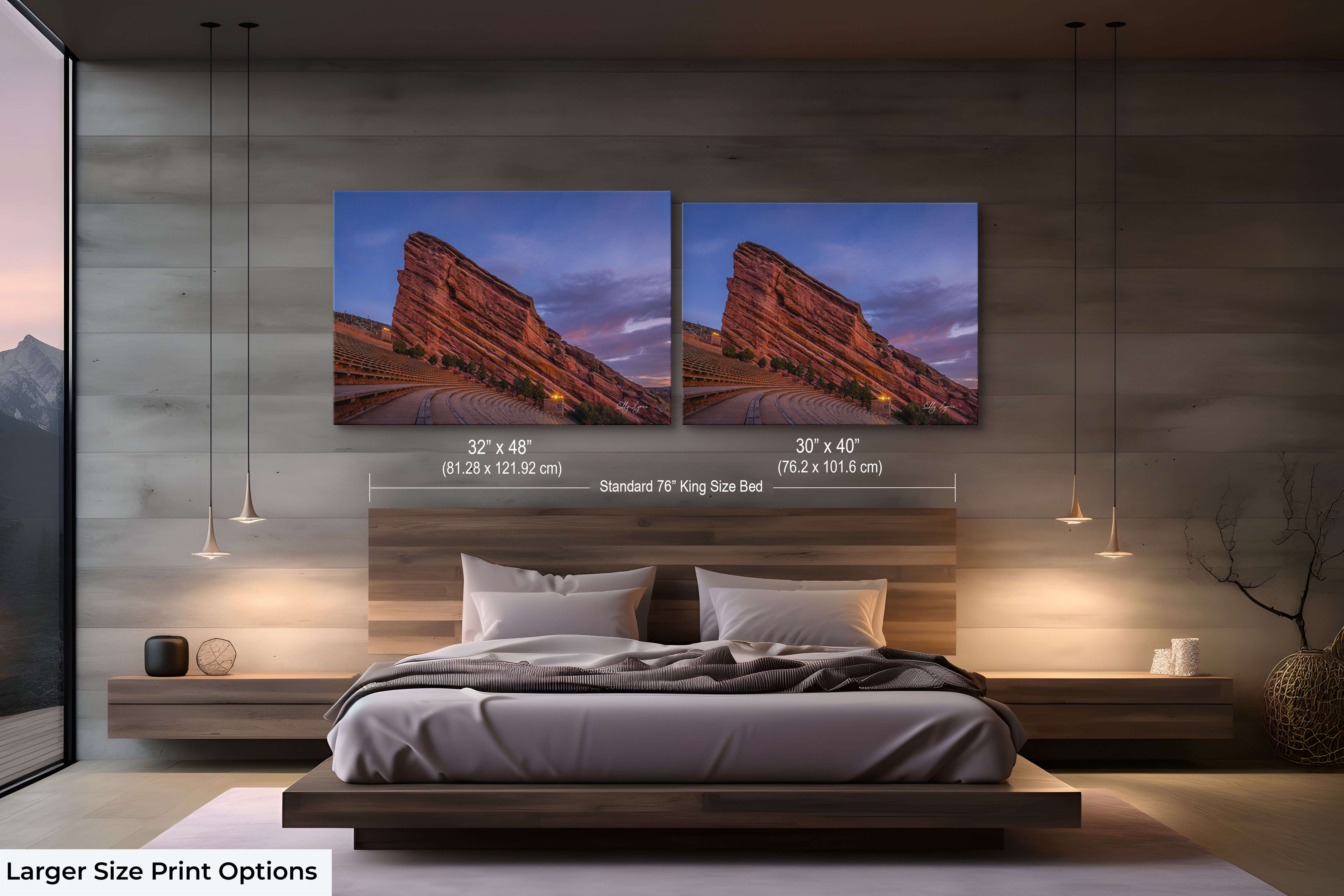 Red Rocks Amphitheater fine art print large-format wall art above bed in luxury bedroom showing 30x40 and 32x48 size options for comparison and scale.