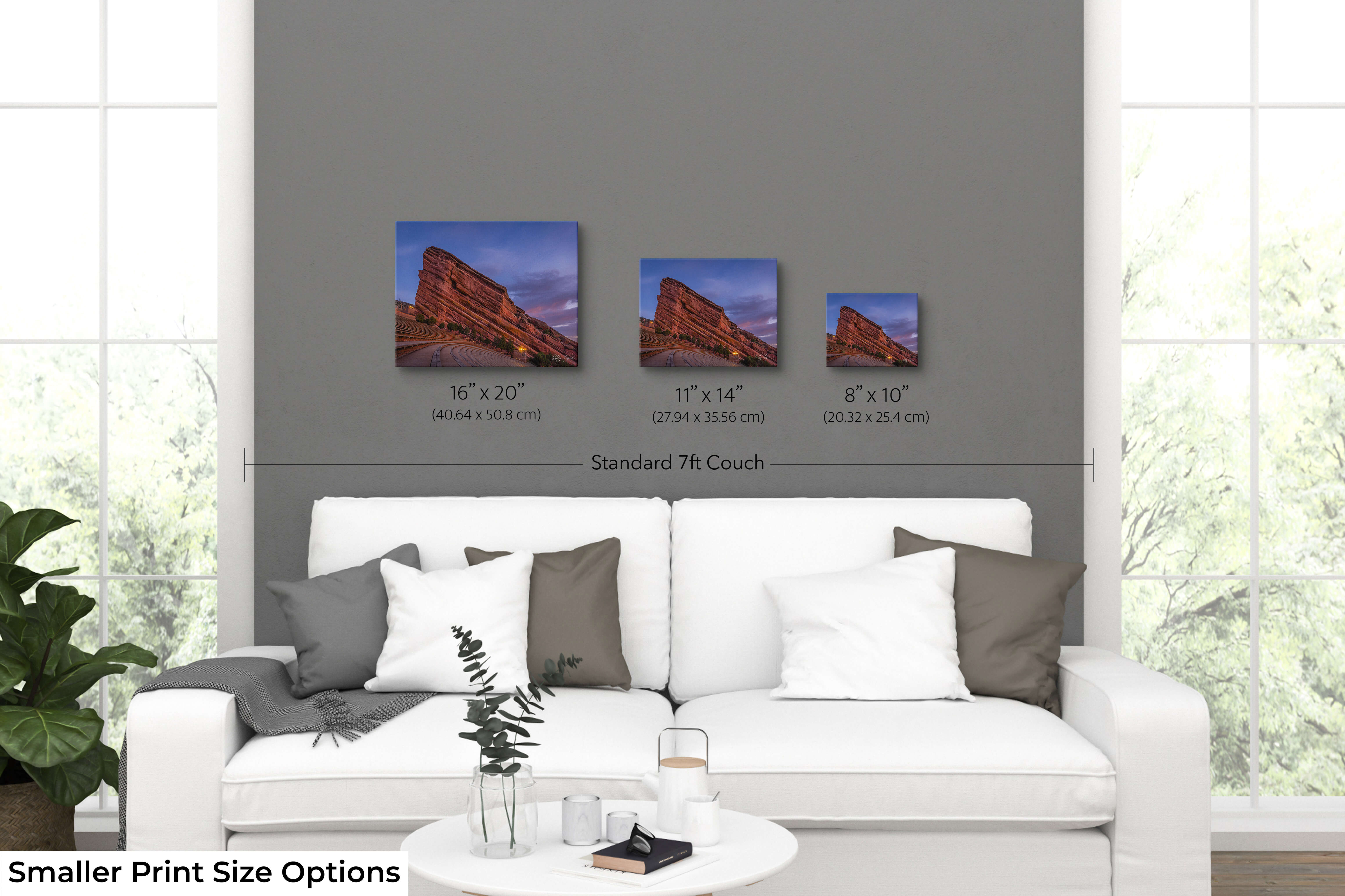 Red Rocks Amphitheater sunrise fine art print size comparison in living room showing 8x10, 11x14, and 16x20 wall art options.