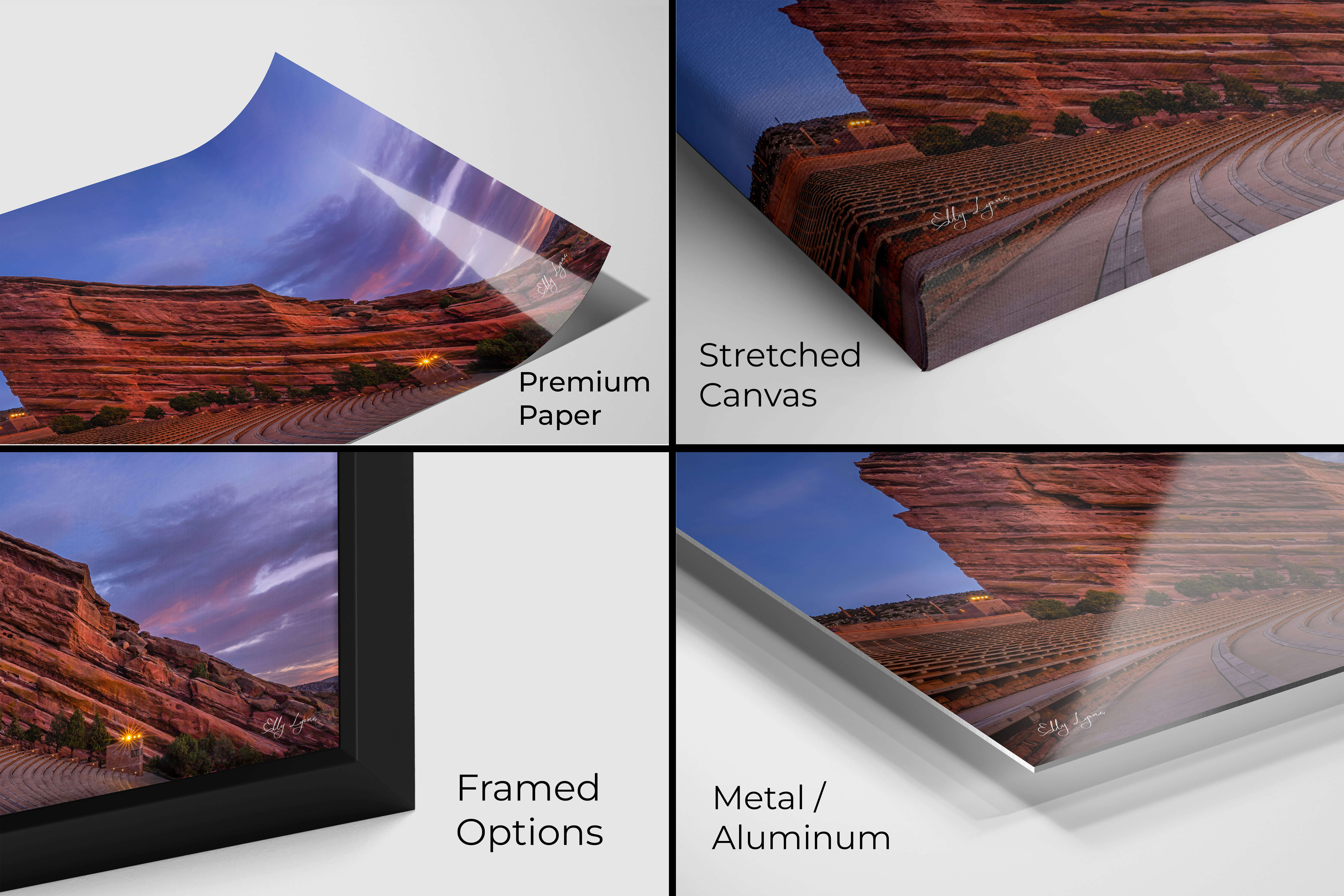 Red Rocks Amphitheater sunrise fine art print close-up wall art of material options: photo paper, canvas wrap, framed print, and metal panel finish.