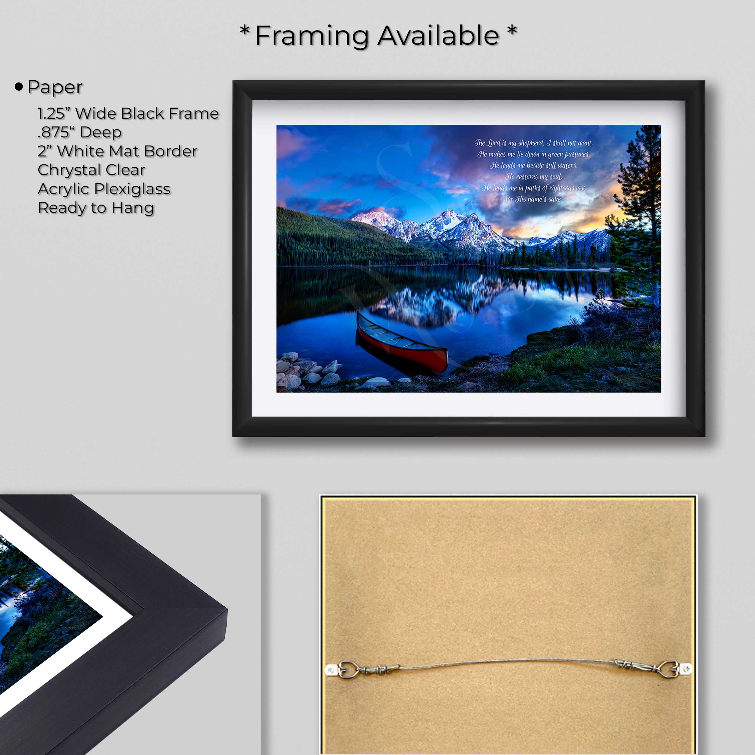 Serene Sunset Mountain Lake Print Featuring Psalm 23:1-3 Scripture