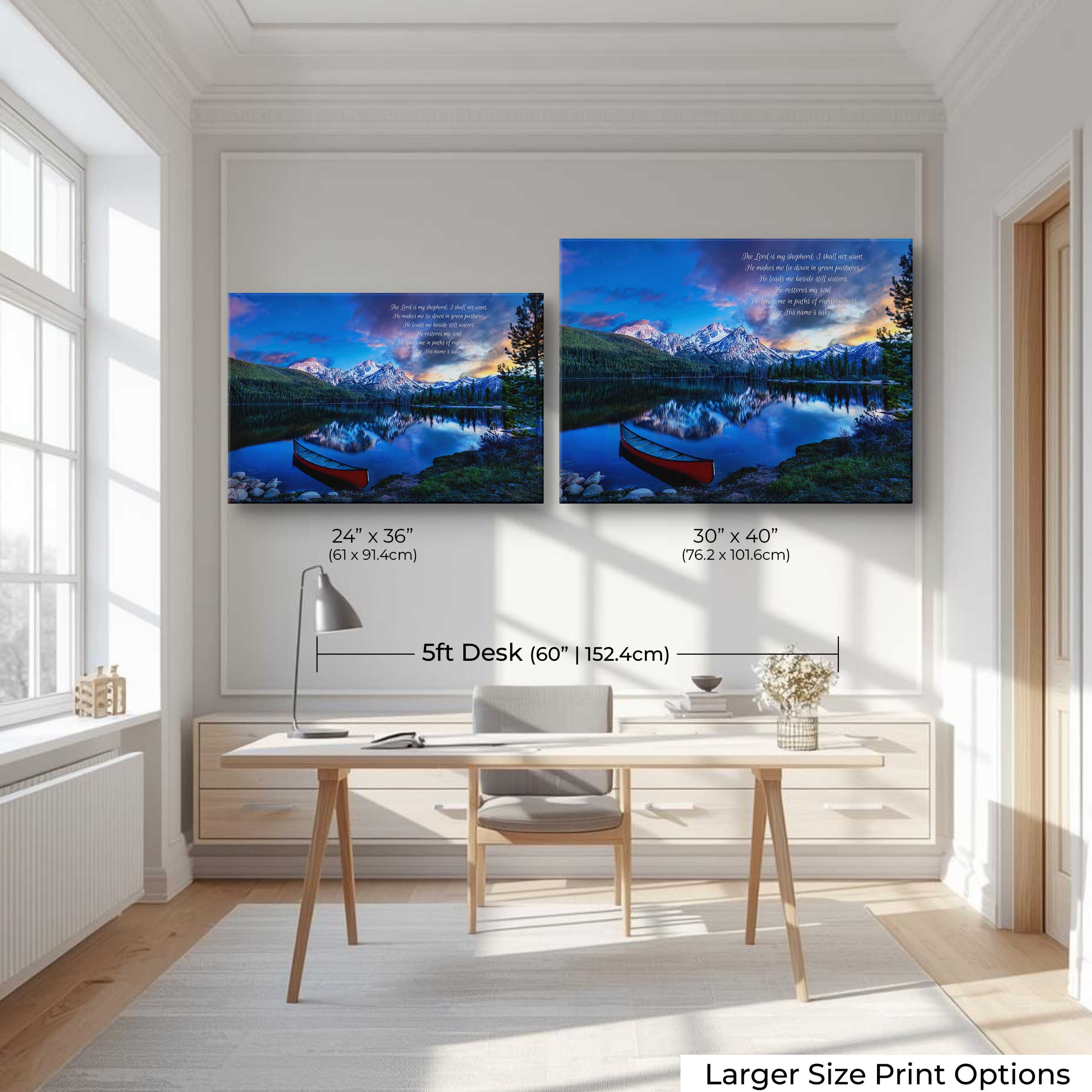 Serene Sunset Mountain Lake Print Featuring Psalm 23:1-3 Scripture