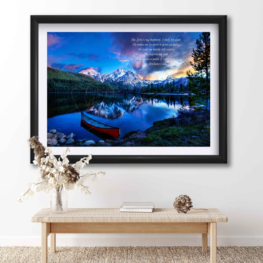 Serene Sunset Mountain Lake Print Featuring Psalm 23:1-3 Scripture