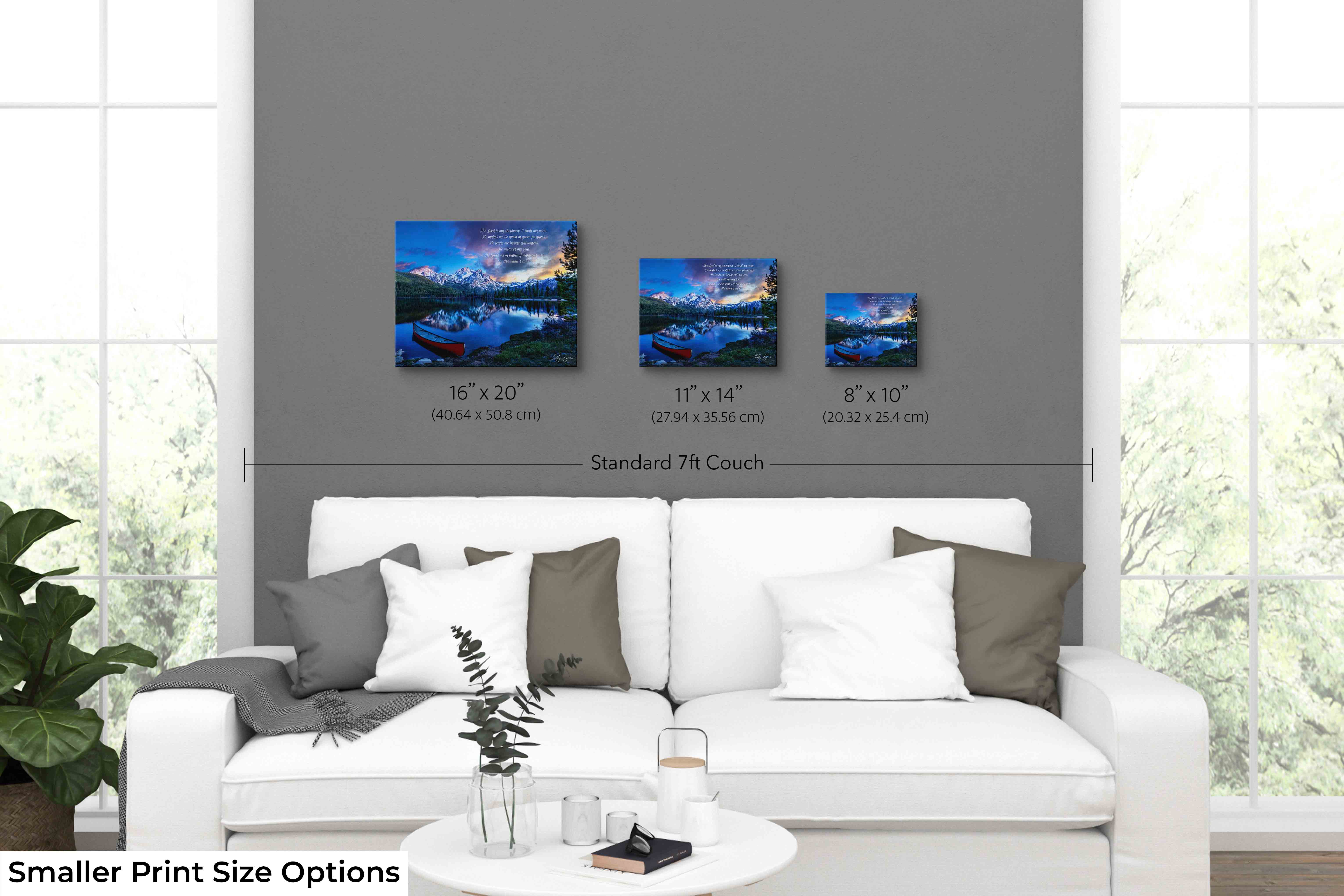 Psalm 23 Wall Art – Serene Sunset Mountain Lake Print with Bible Verse