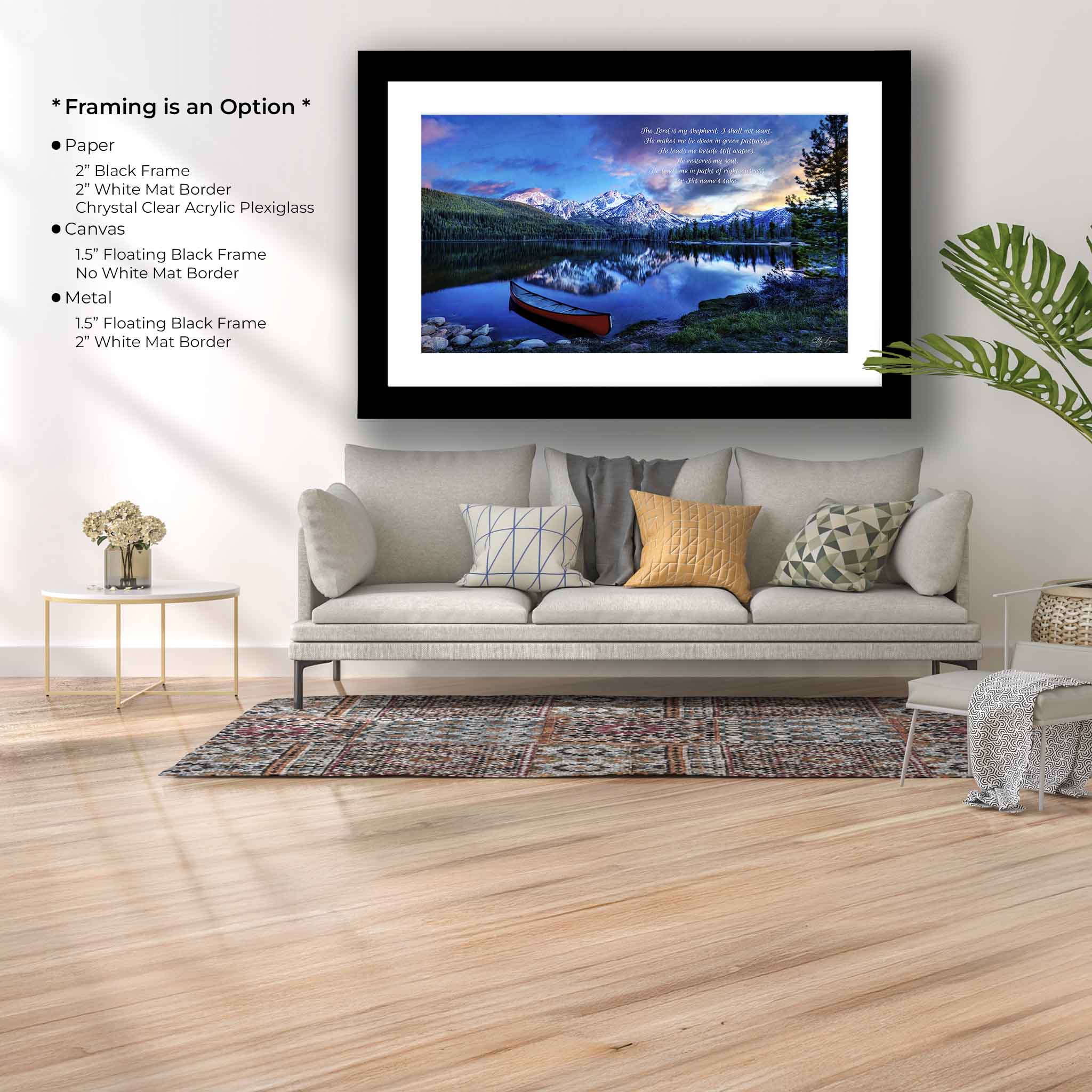 Psalm 23 Wall Art – Serene Sunset Mountain Lake Print with Bible Verse
