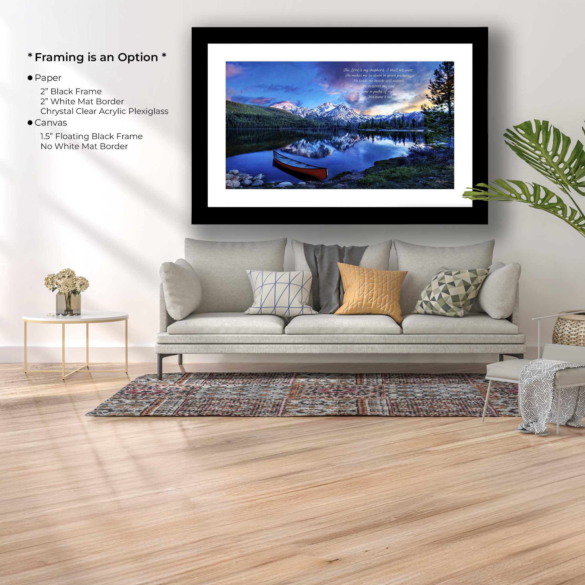 Psalm 23 Wall Art – Serene Sunset Mountain Lake Print with Bible Verse