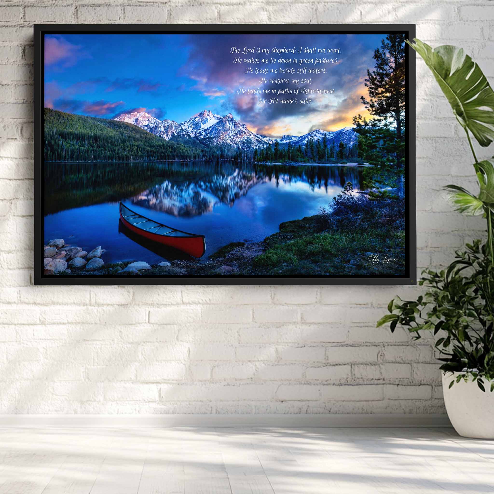 Psalm 23 Wall Art – Serene Sunset Mountain Lake Print with Bible Verse
