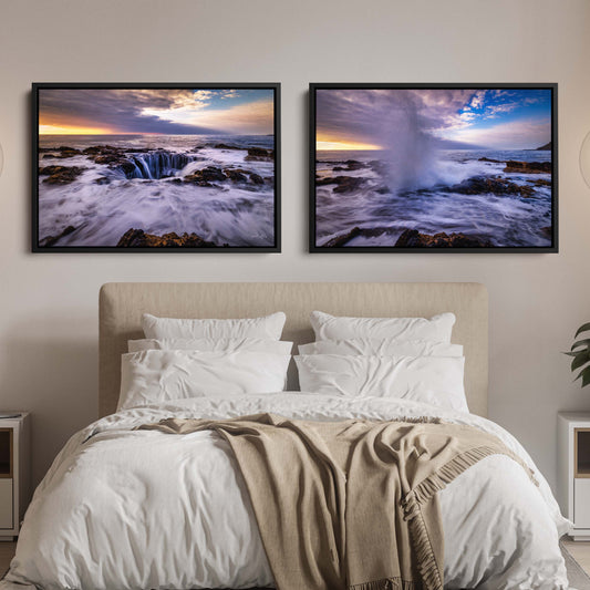 Thor’s Well Oregon Coast at sunset, waves draining into volcanic rock formation, golden hour light, Cape Perpetua seascape. Thor’s Well Oregon water explosion at high tide, dramatic wave spray, sunset clouds Cape Perpetua, coastal landscape print