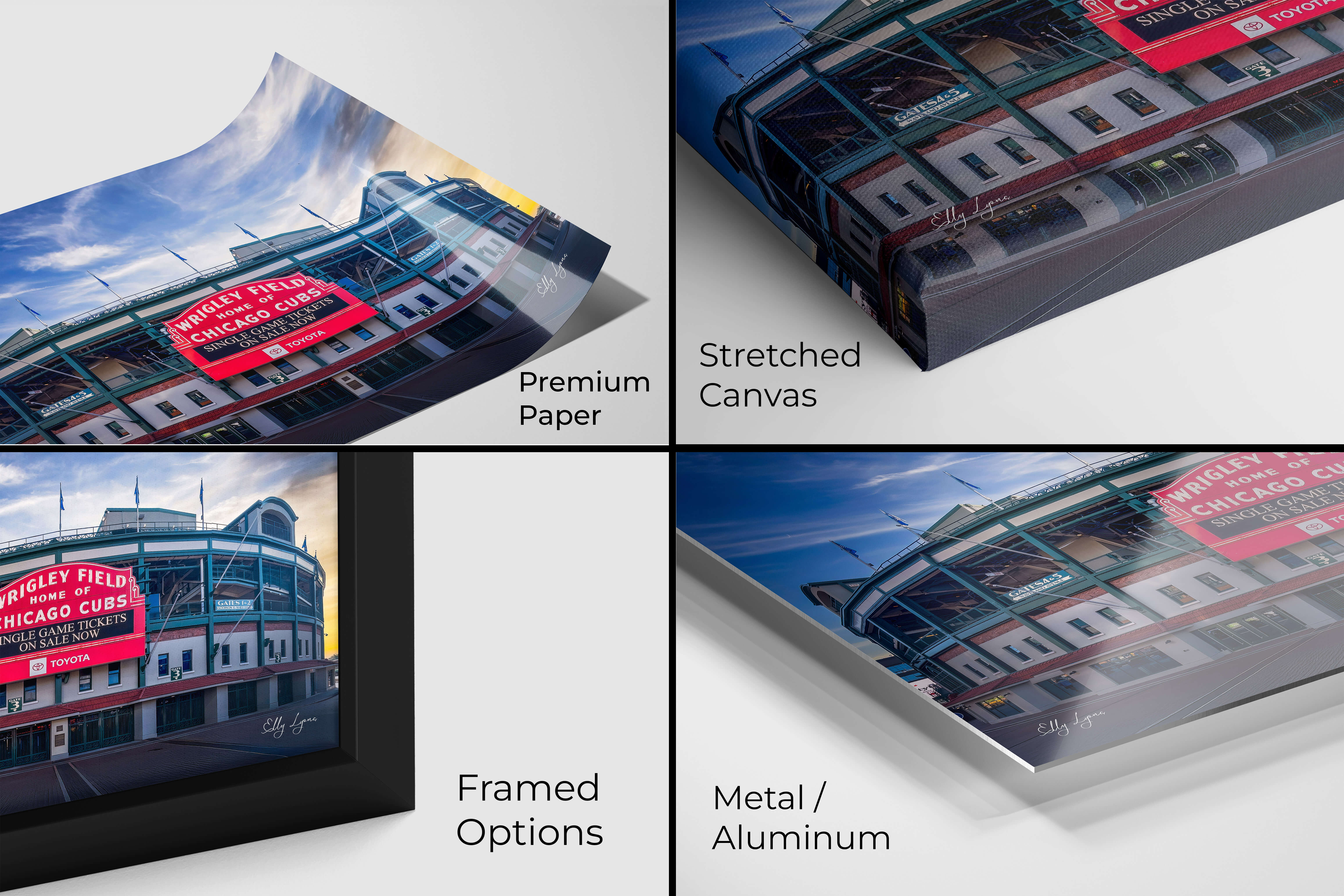 Wrigley Field Wall art print displayed on premium paper, canvas, framed, and metal options.
