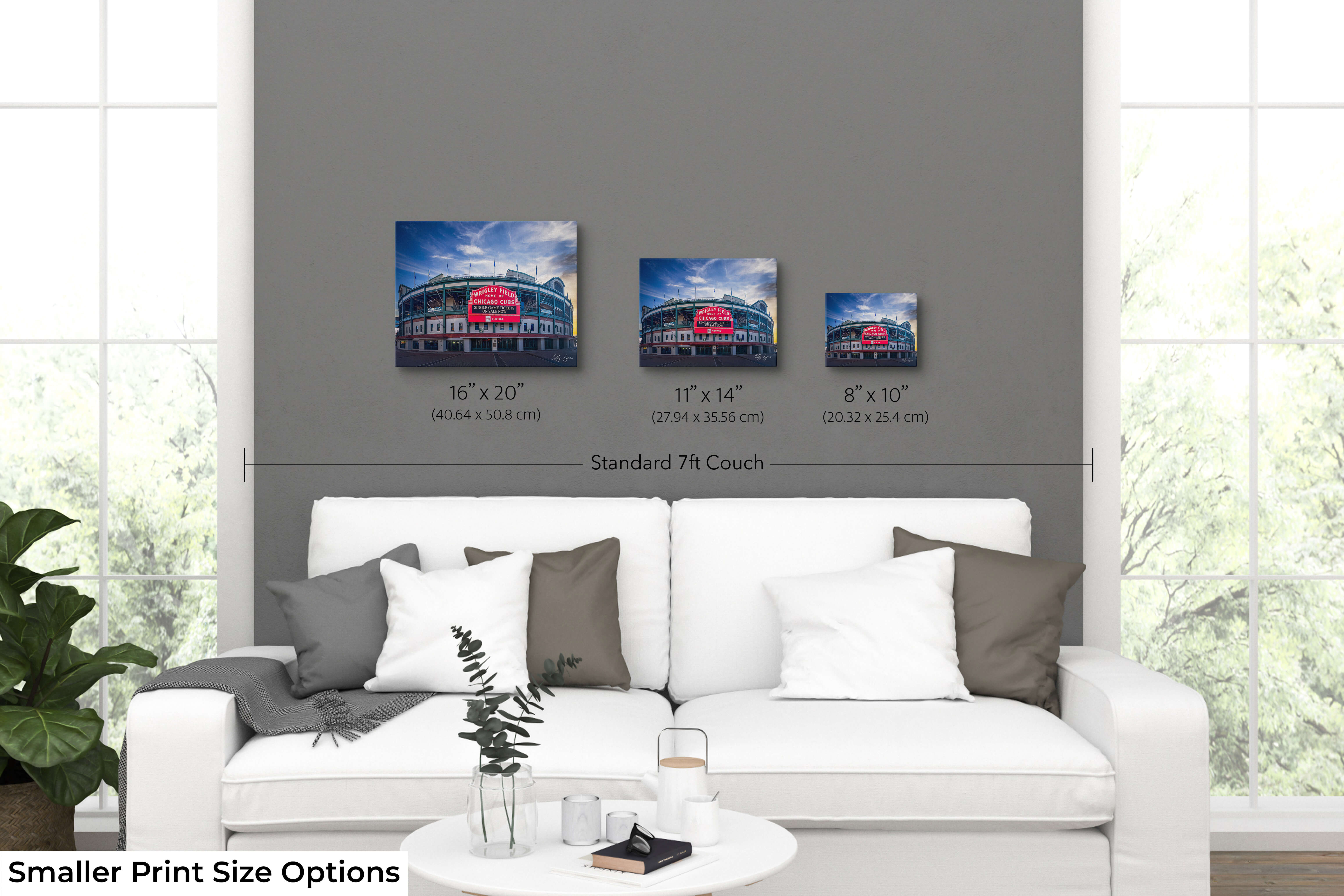 Wrigley Field sunrise wall art print displayed in 3 different print sizes of 8 by 10, 11 by 14 and 16 by 20 inches, in casual living room space showcasing size comparison and scale.