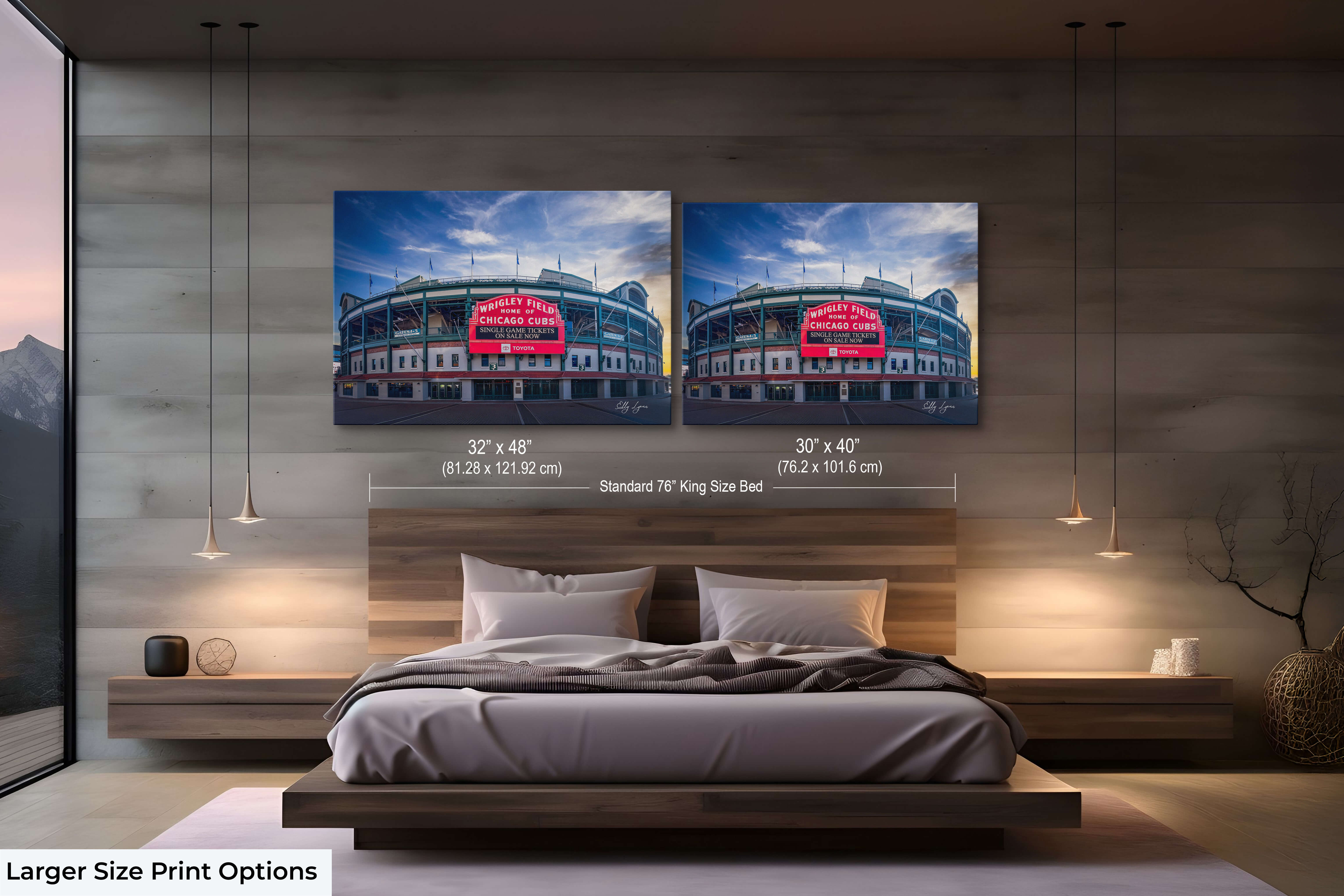 Wrigley Field sunrise wall art print print in 2 sizes of 30 by 40 inches and 32 by 48 inches styled over a king size bed in a luxury bedroom setting showcasing size comparison and scale.