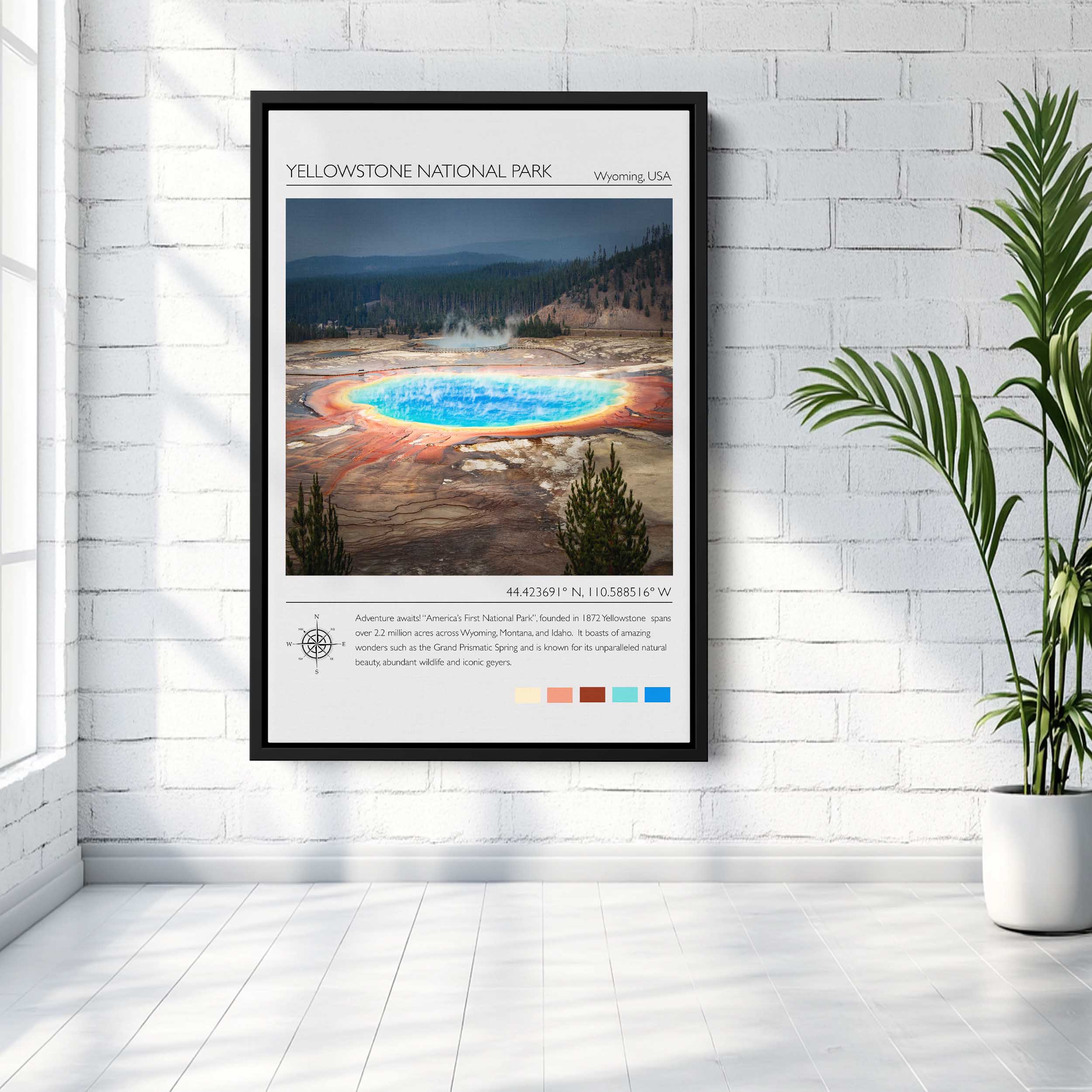 Yellowstone National Park travel poster Grand Prismatic Spring coordinates Wyoming vintage style wall art national park decor