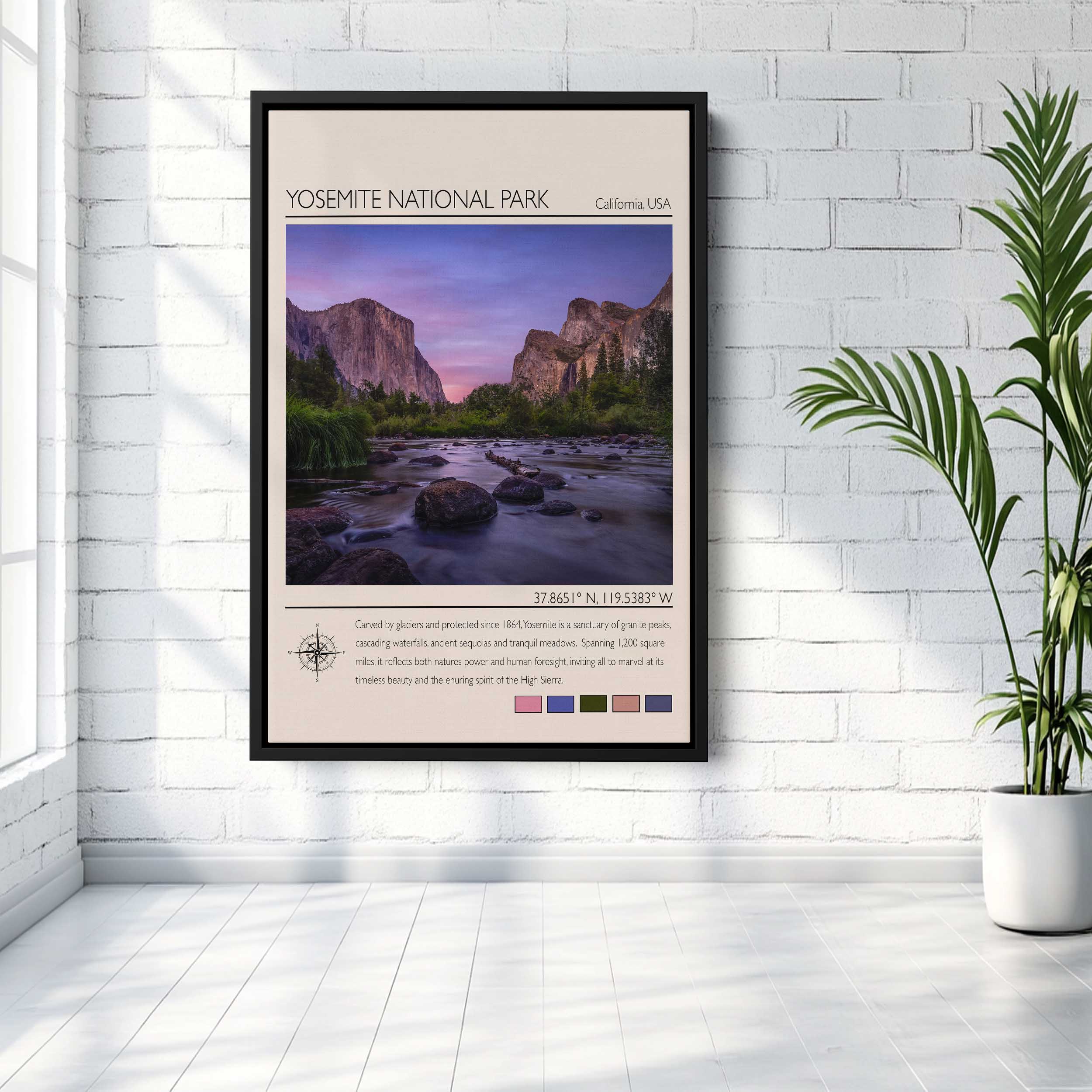 Yosemite National Park California travel poster El Capitan granite Merced River sunset Valley coordinates vintage wall art