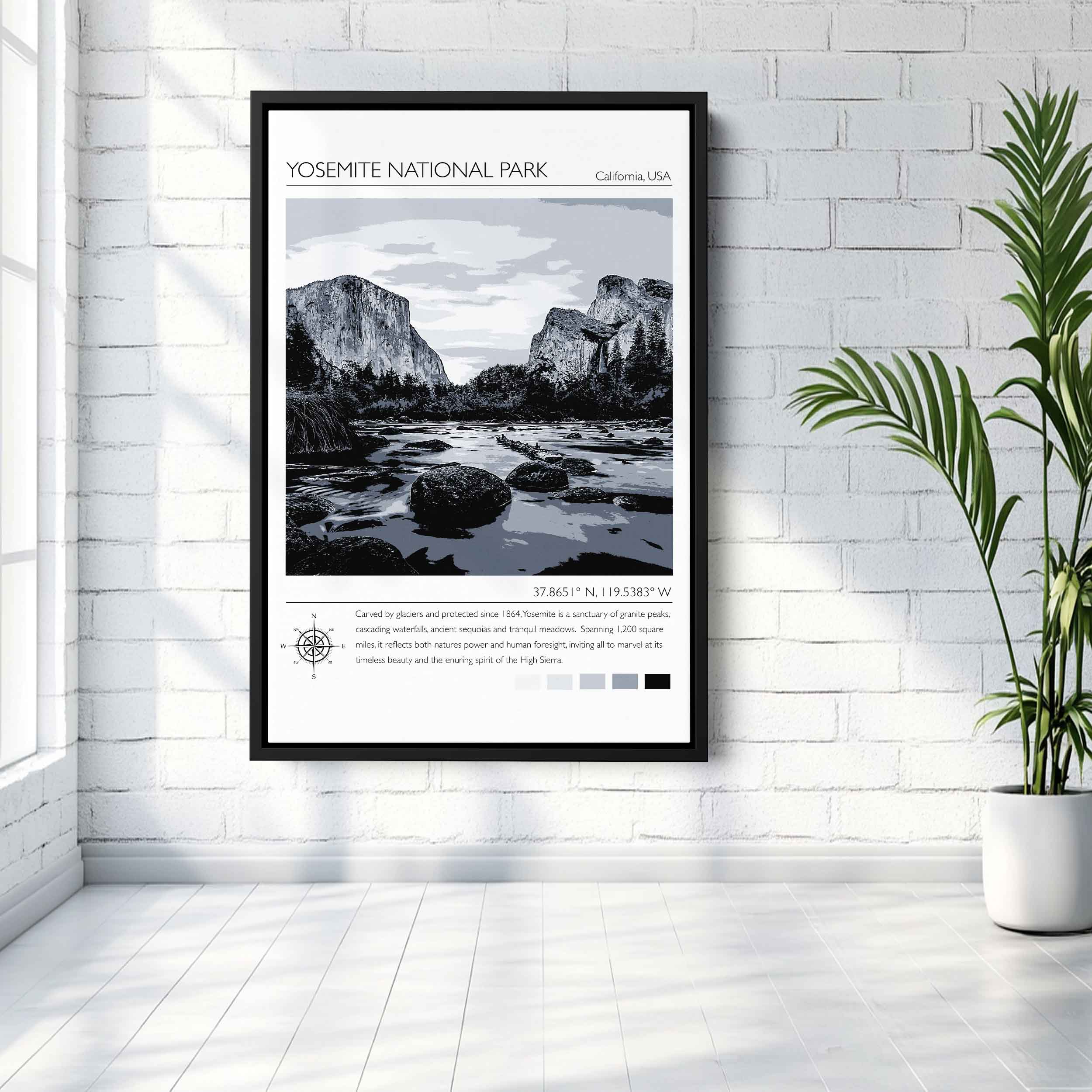 Yosemite National Park California black white poster El Capitan Half Dome Merced River monochrome vintage minimalist wall art