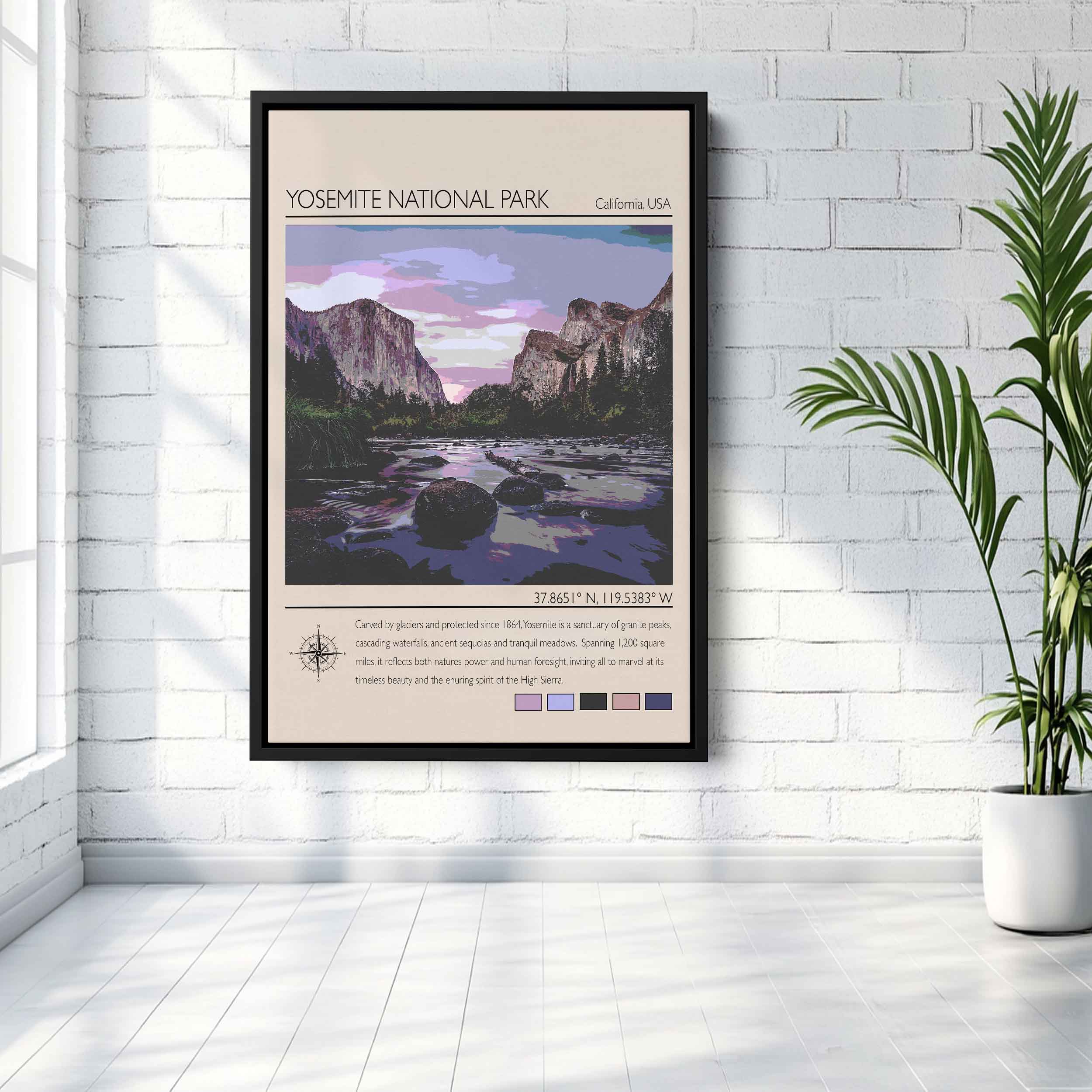 Yosemite National Park California illustrated poster El Capitan Merced River purple pink twilight vintage modern minimalist art